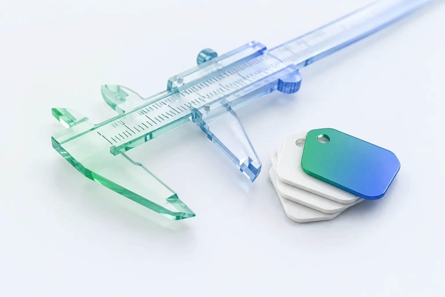 A glass measuring caliper beside blank ceramic tags, representing defining what are AI skills before measuring them