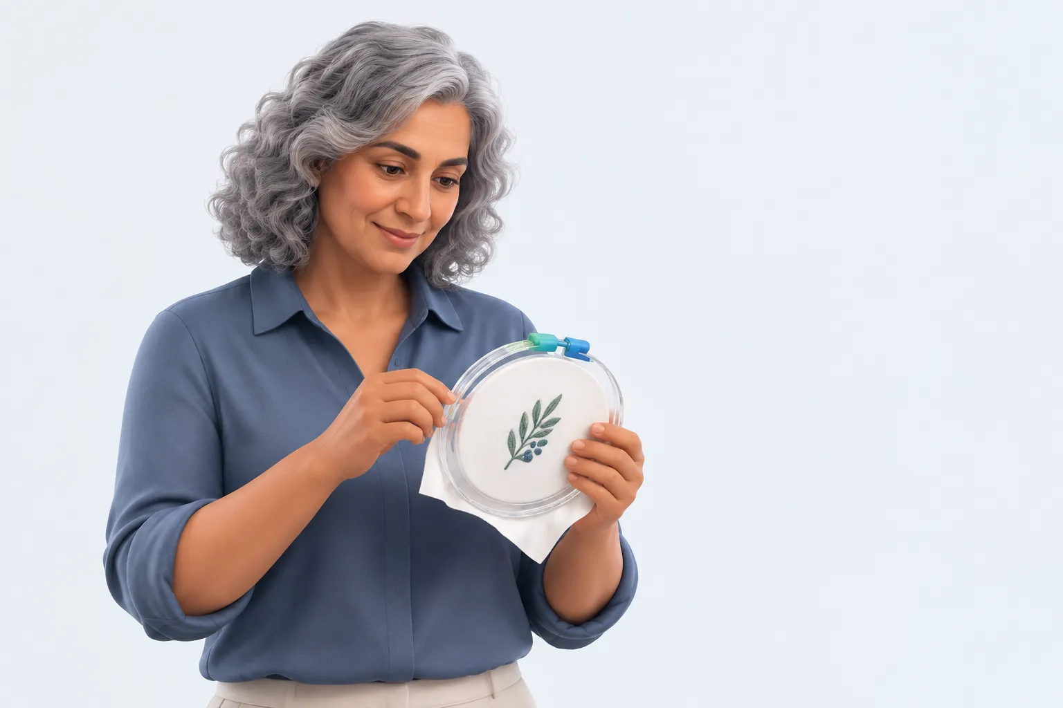 A colleague adjusts an embroidery hoop around a small patch to represent a bounded commitment.