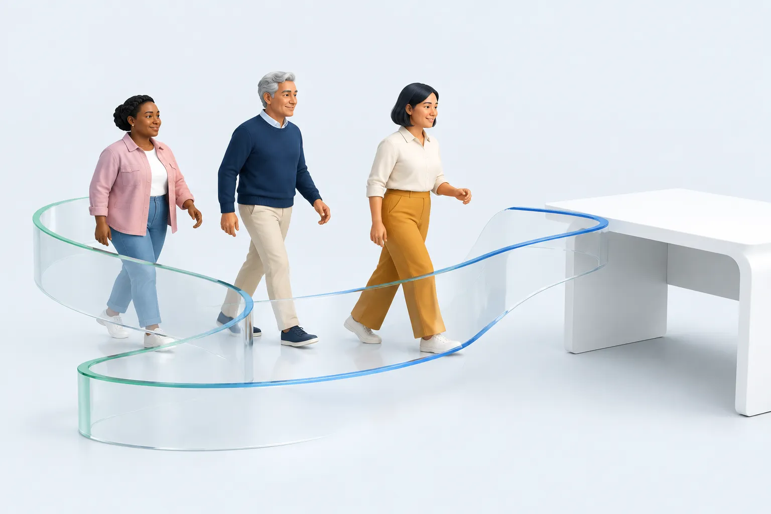 Three colleagues follow an unmarked measuring ribbon toward a workbench.