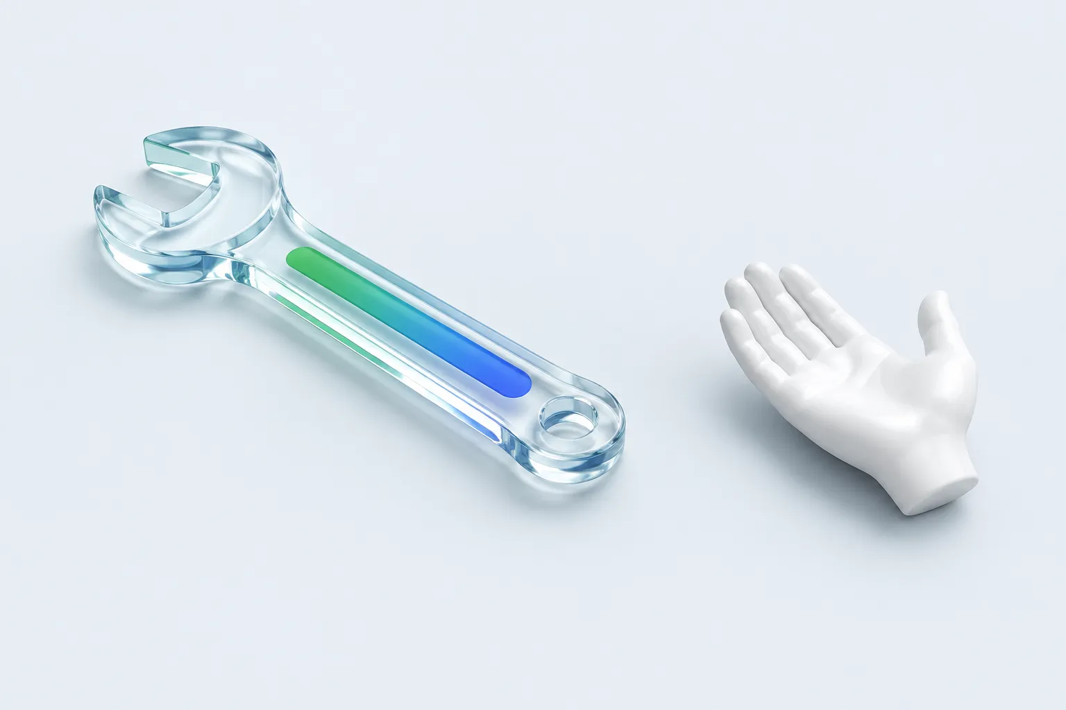 A glass socket wrench and a separate open palm sculpture distinguish capability from willingness to help.