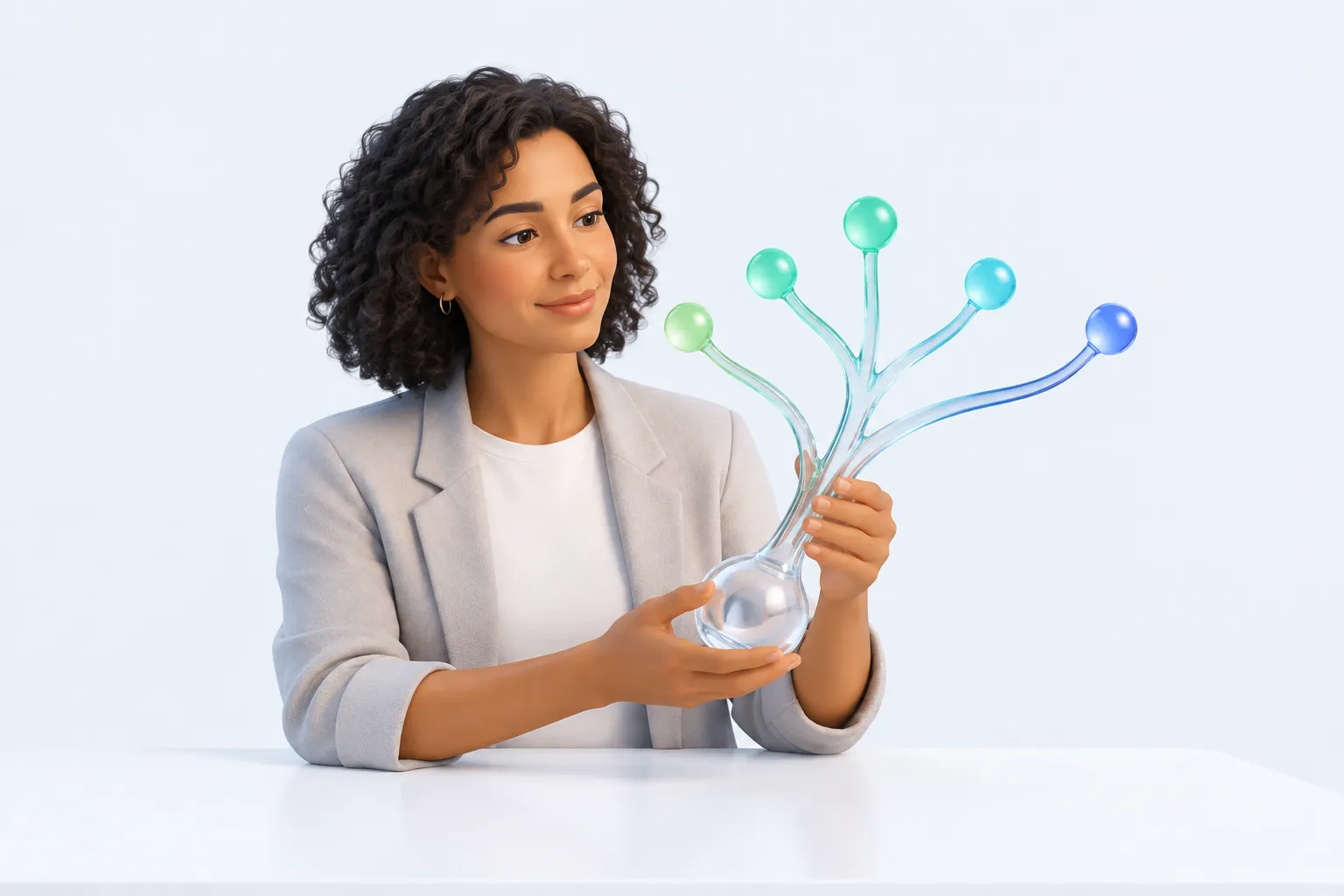 A person holding a branching glass sculpture, illustrating how Barclays scales Claude outward across different teams.