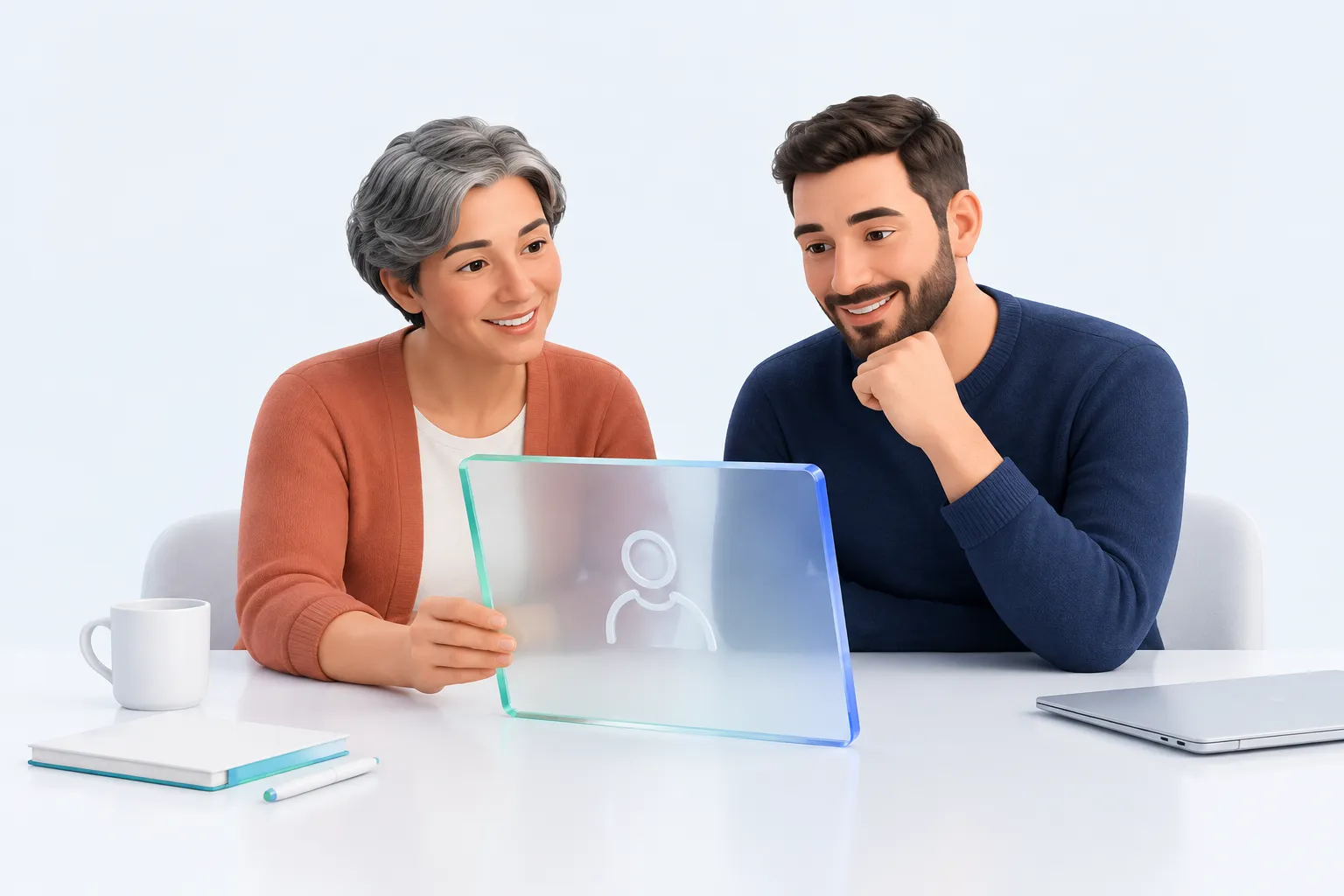 Two colleagues examining a glass panel together, representing the people affected by an AI rollout.