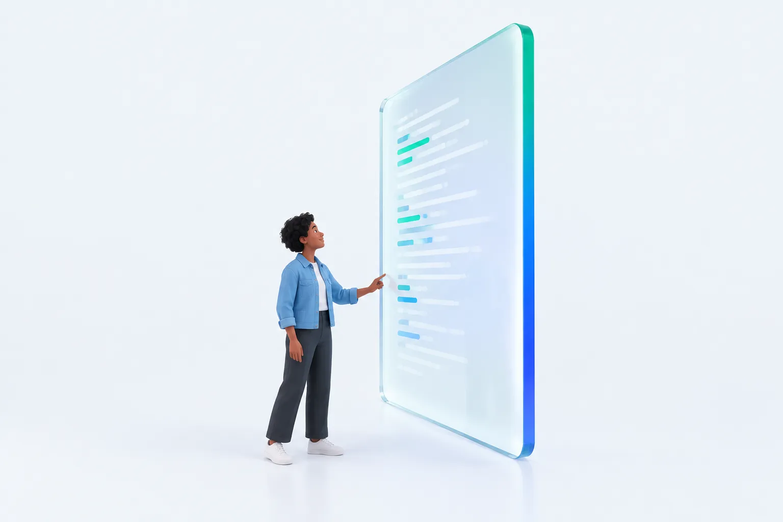 A developer stands beside an oversized glass terminal, representing a coding tool scaling across many engineers.