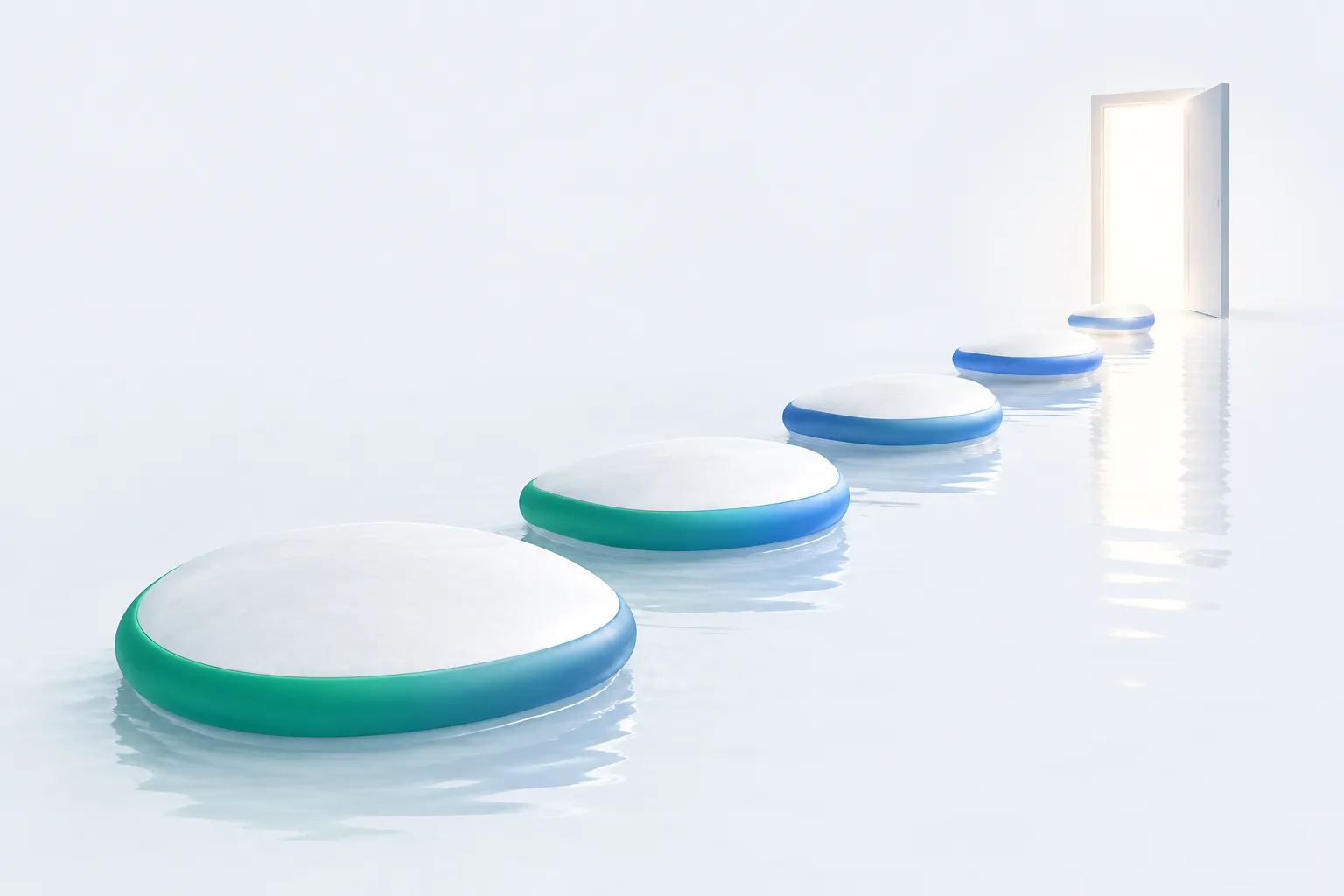 Five stepping stones leading toward a lit doorway representing a phased HR AI change management structure