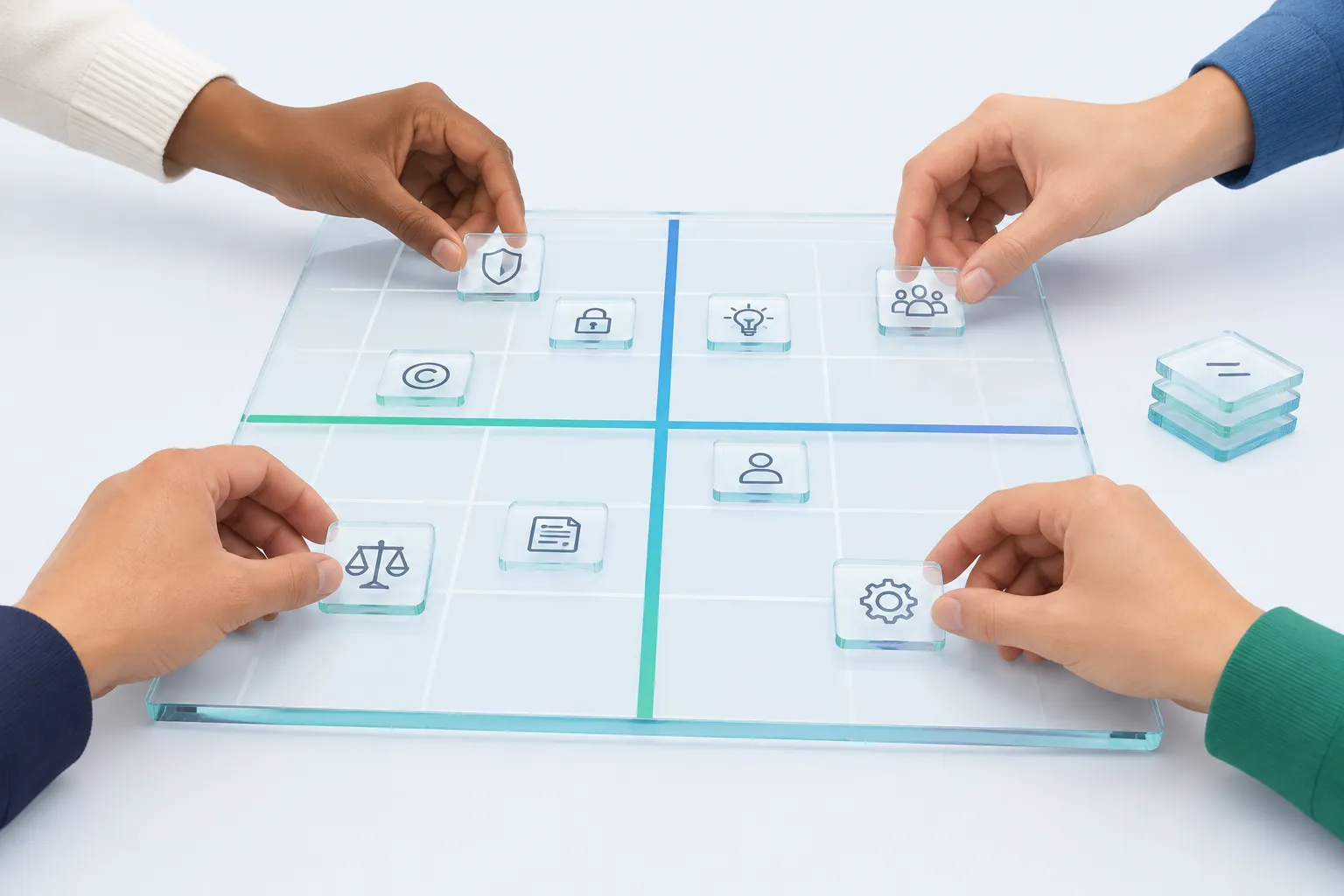 Hands placing glass tiles onto a two-axis grid, representing barrier themes mapped against responsible-AI risk categories.