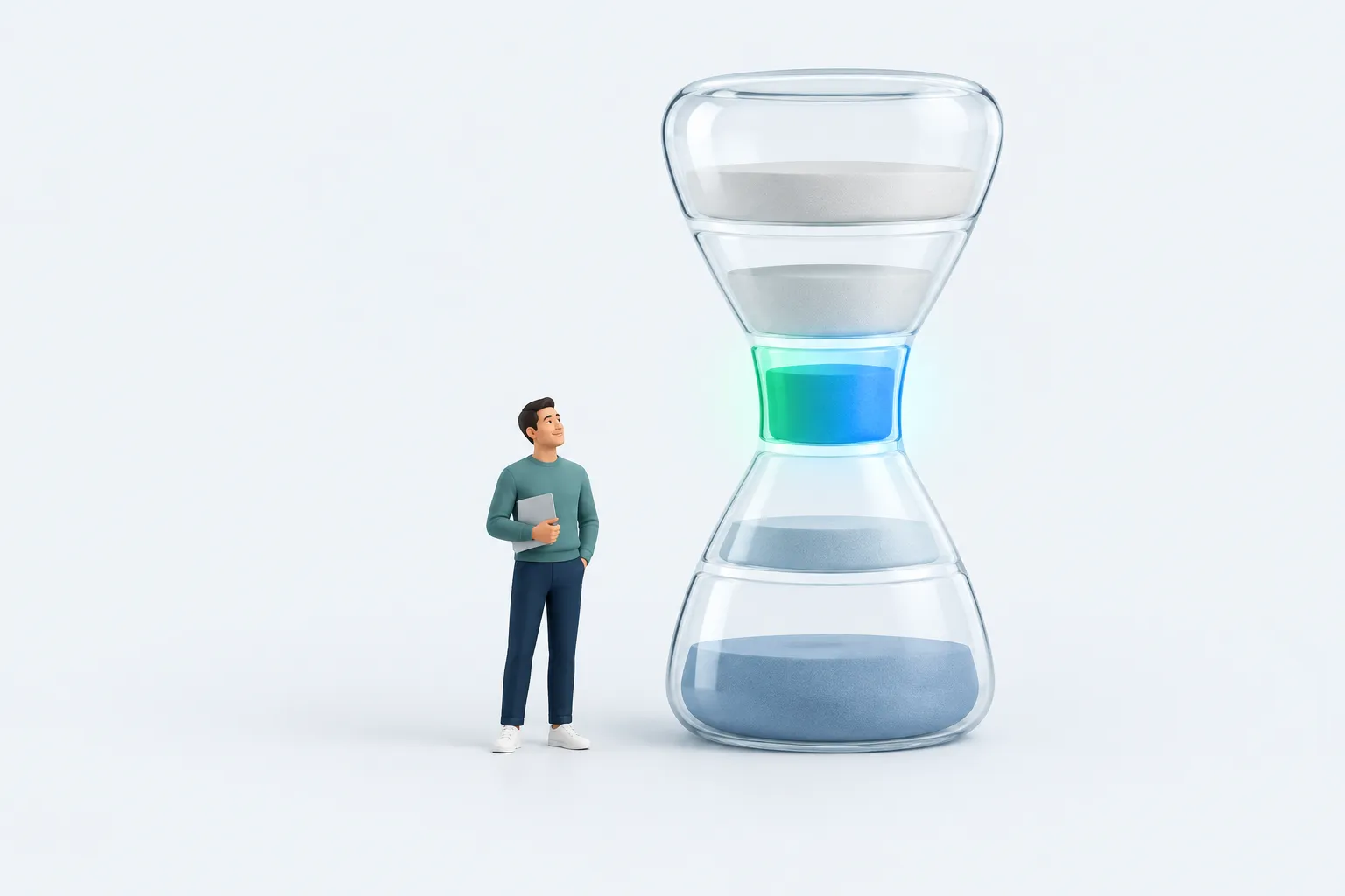A small figure beside an oversized five-segment glass timer, representing the five time-boxed stages of the mapping session.