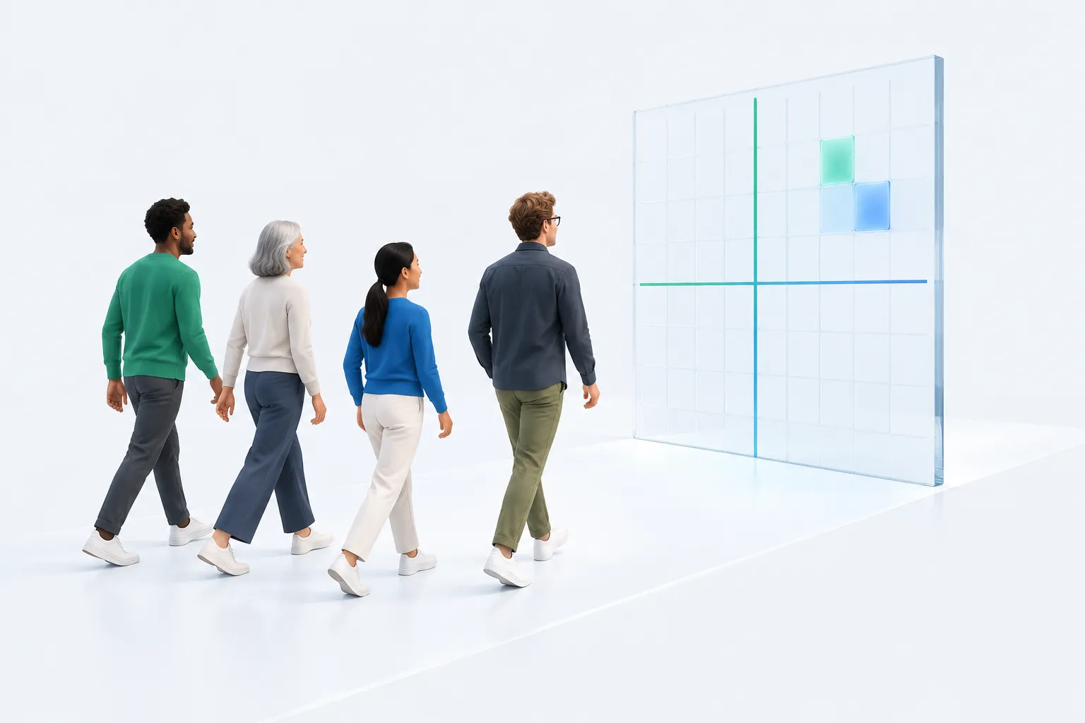 Four colleagues walking toward a glass grid, representing responsible AI, overcoming adoption barriers and risks, during a leadership mapping session.