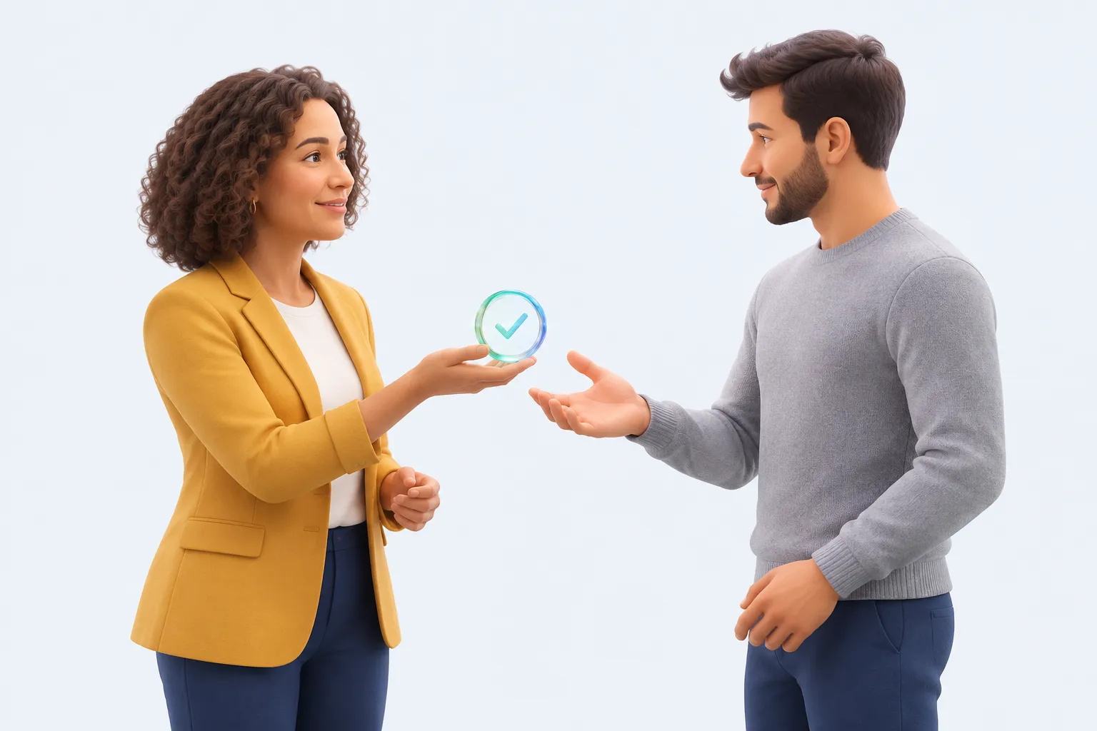 Two colleagues handing over a small glass token with a checkmark, representing one owned fix handed off at the end of the session.