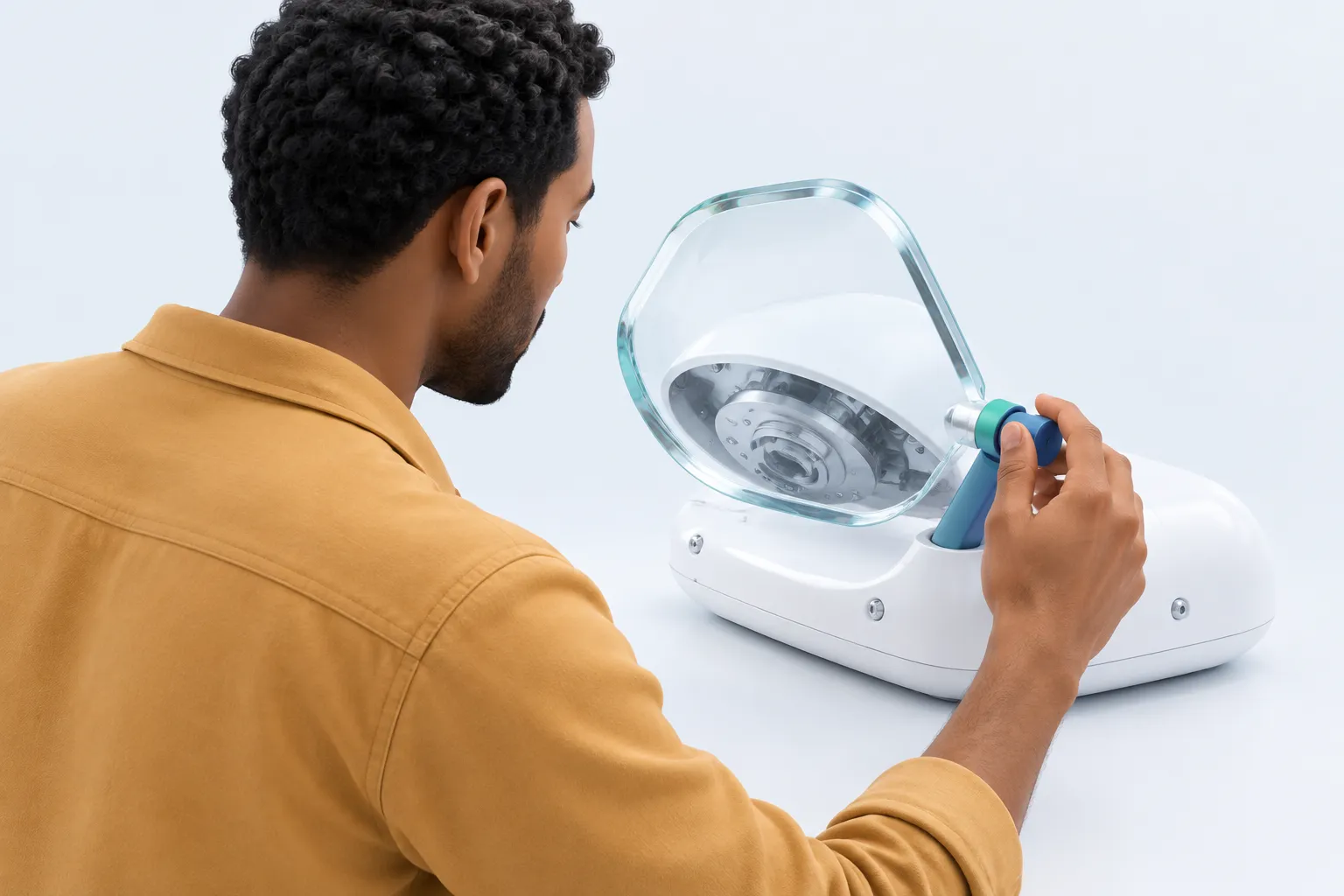 A person uses an inspection mirror to examine the hidden underside of a mechanical assembly.