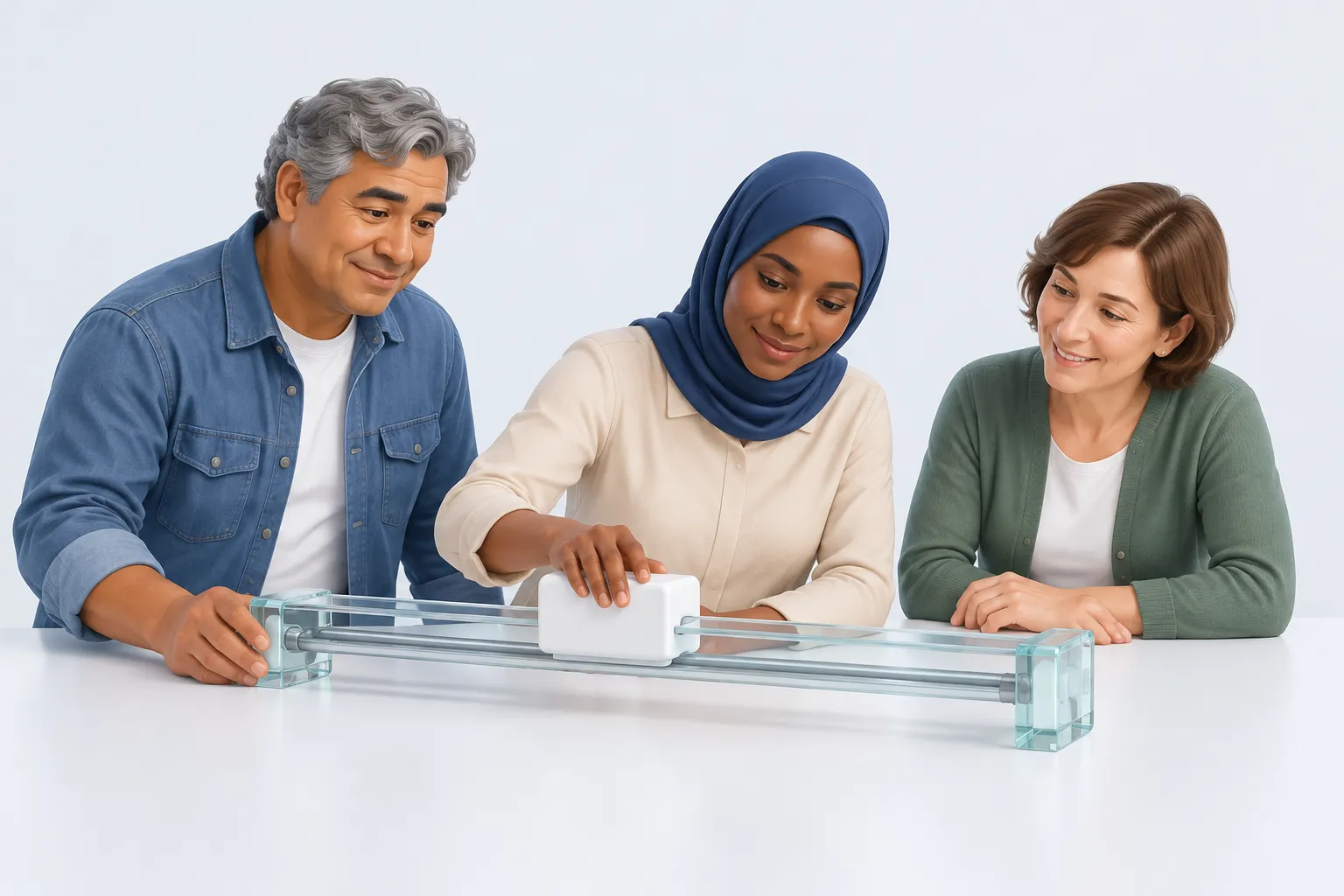 Three colleagues test a loaded drawer slide to represent usefulness after delivery.