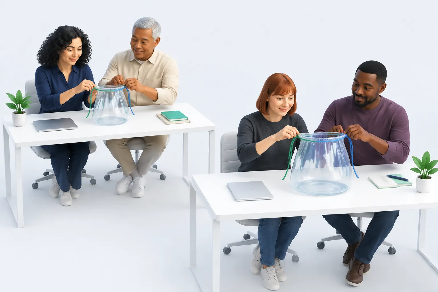 Two groups adjust differently opened glass pouches representing spending boundaries.