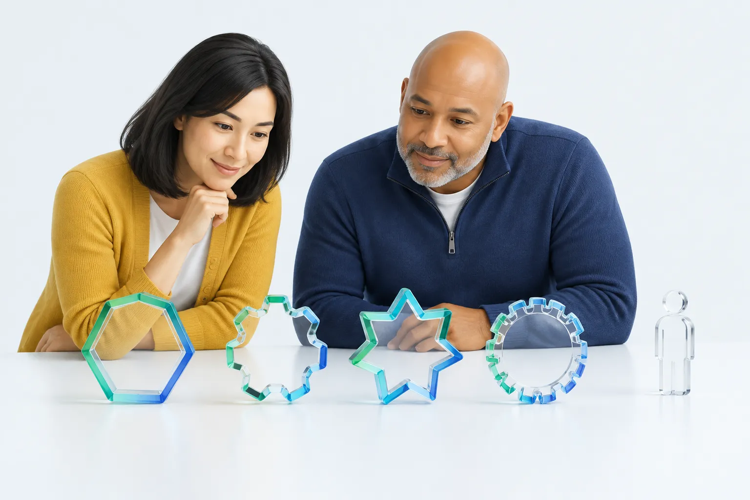 Two colleagues comparing four differently shaped measuring instruments on a table, with one plain figure left unexamined.