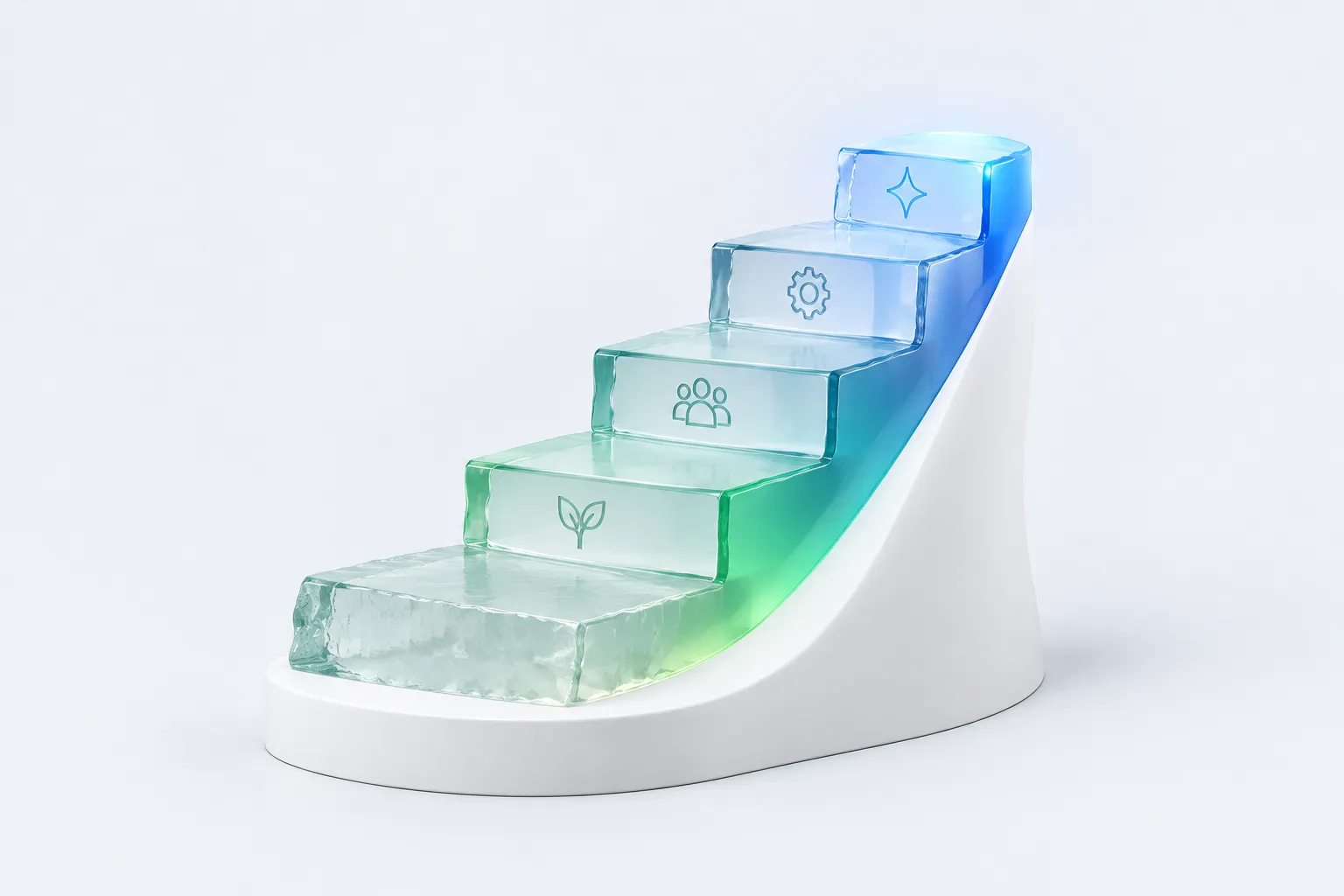 A rising staircase of uneven glass steps, the lowest plain and the top one glowing, representing moving from readiness to repeated adoption checks.