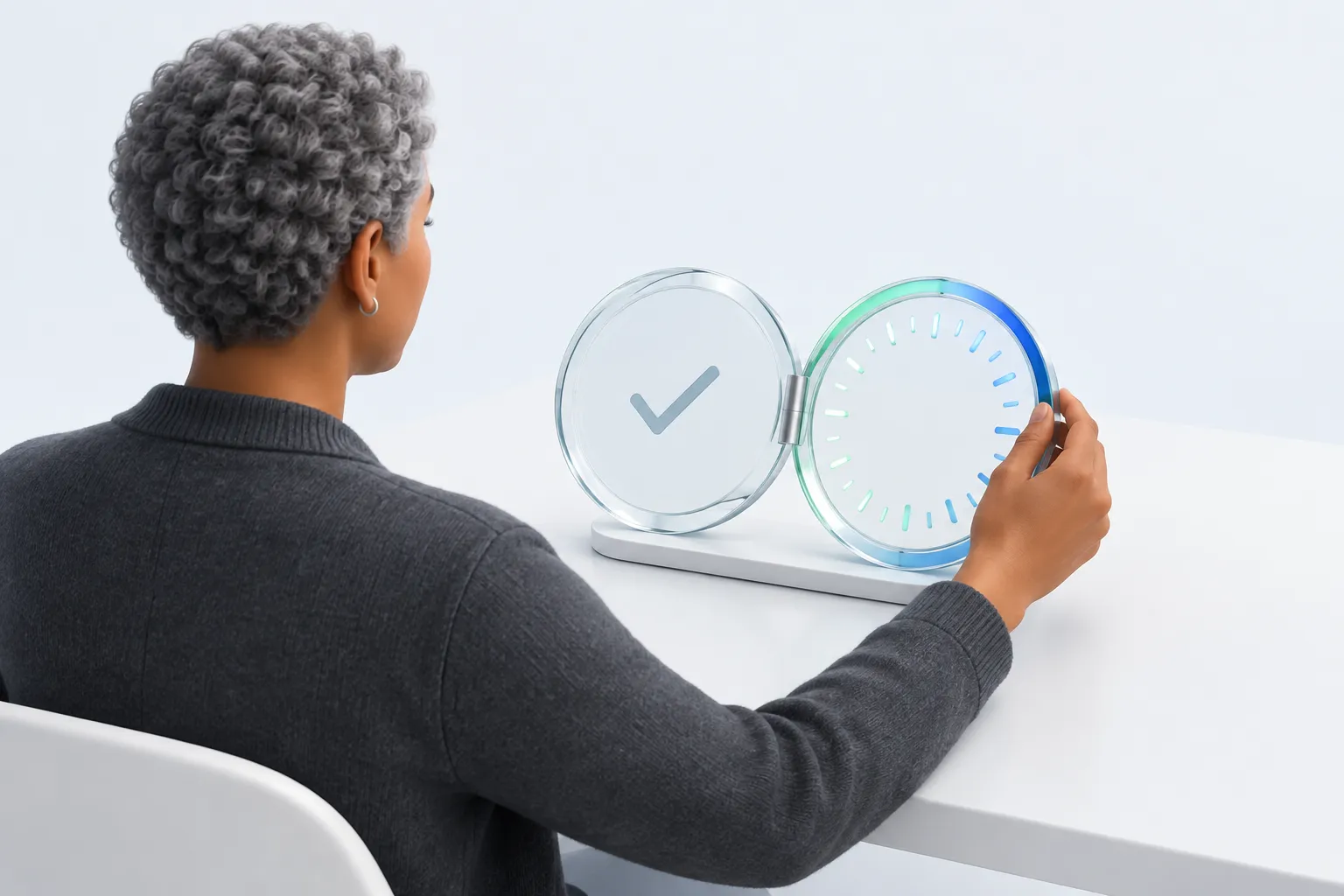 A person studying a sealed checklist tablet beside an open glowing dial, illustrating what is an adoption assessment compared with a readiness check.