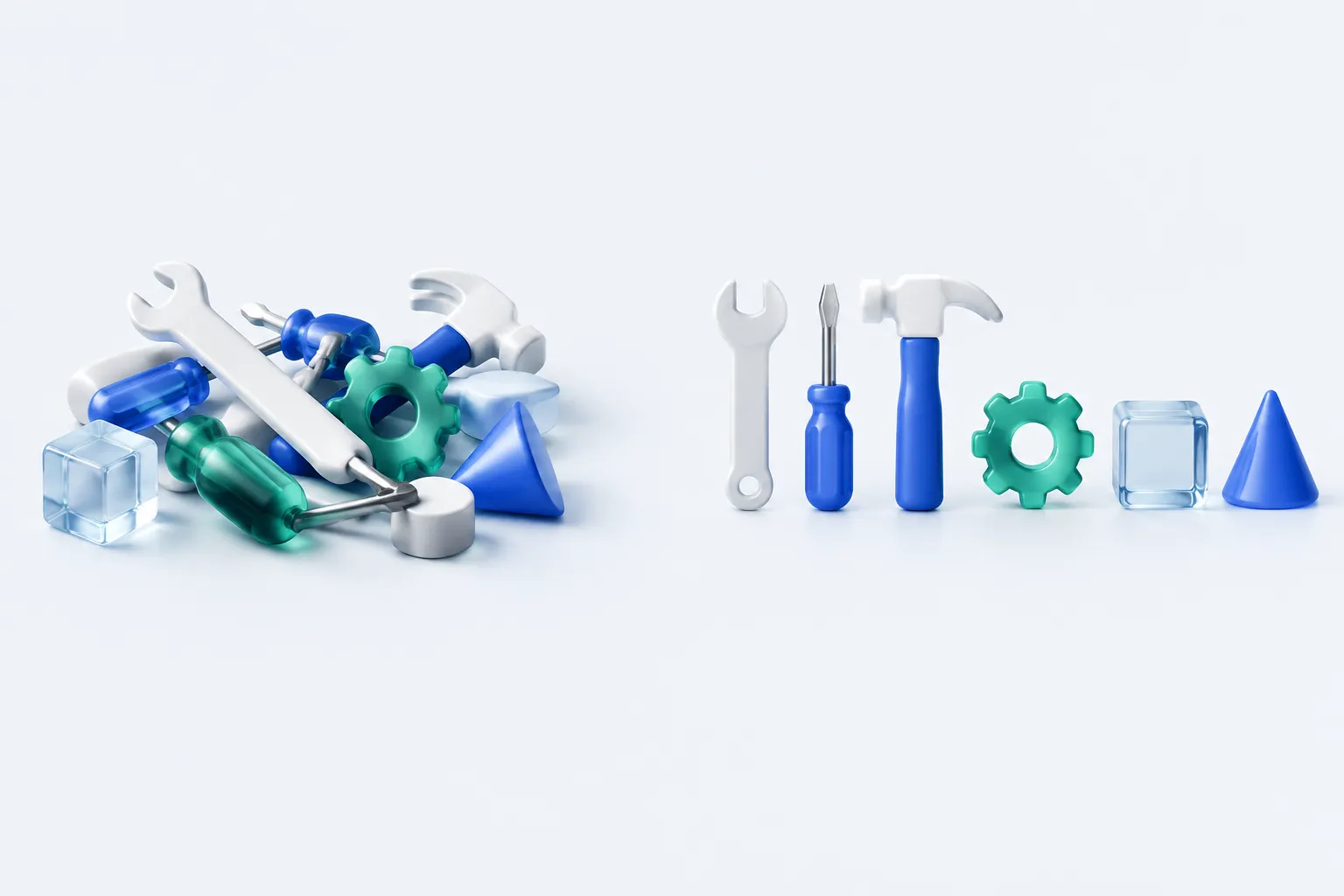 A side-by-side scene of scattered tool objects versus the same objects arranged in an orderly row.
