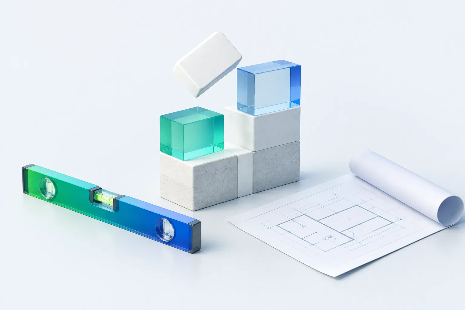 An overhead arrangement of sculptural building blocks and an architect's level, evoking the assembly of an AI readiness framework.