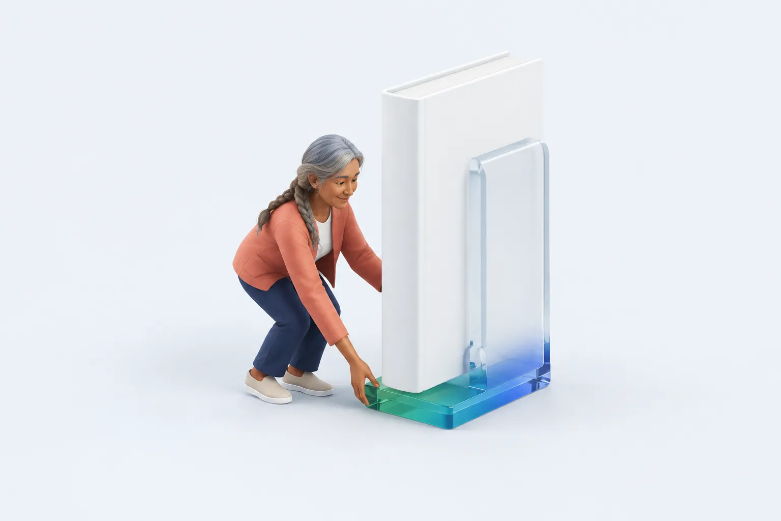 A small figure adjusts an oversized glass bookend supporting a single book.