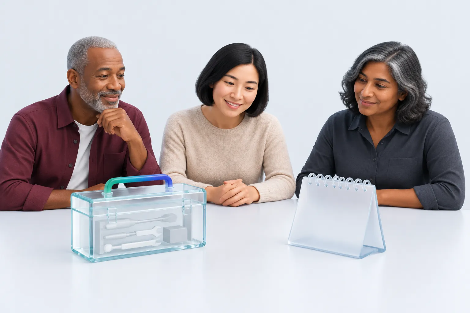 Three colleagues examine a tool case and a separate calendar-shaped stand representing capability and available time.