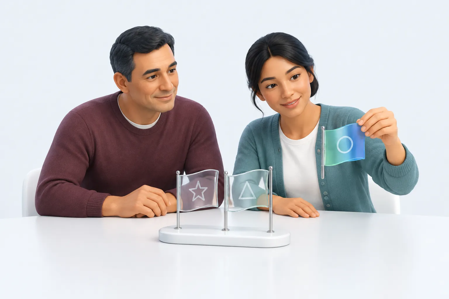 Two leaders selecting one priority flag from several, representing aligning on top findings from an AI adoption survey.