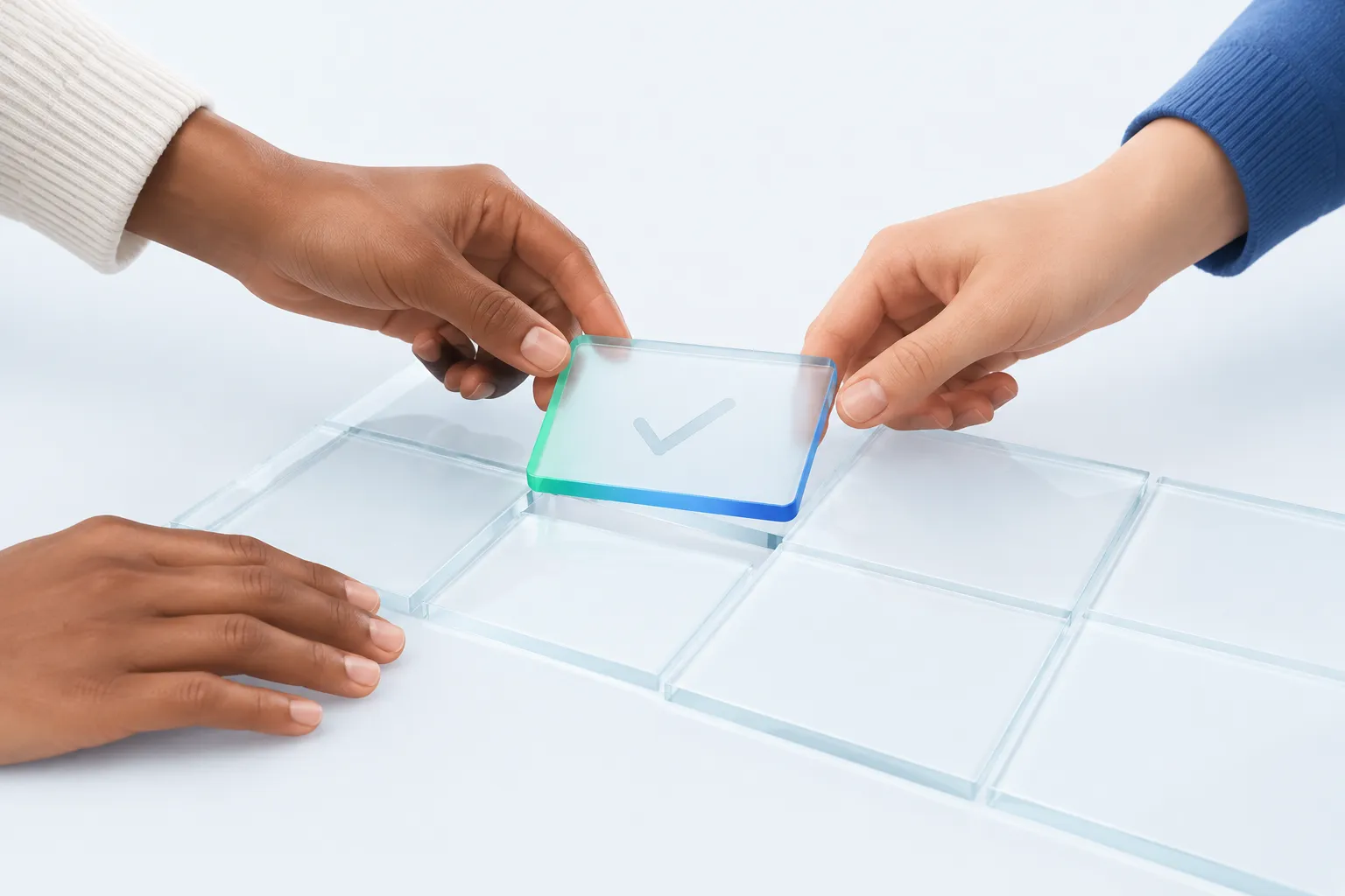 Hands fitting a small checkmark tile into a larger panel, representing shipping a visible quick win after an AI adoption survey.