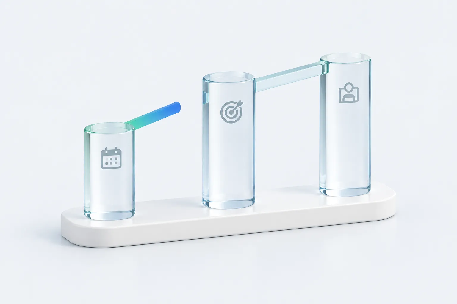 Abstract sculpture of three glass pillars marked with a calendar, a target and a name tag, standing for owner, metric and date in an action plan.