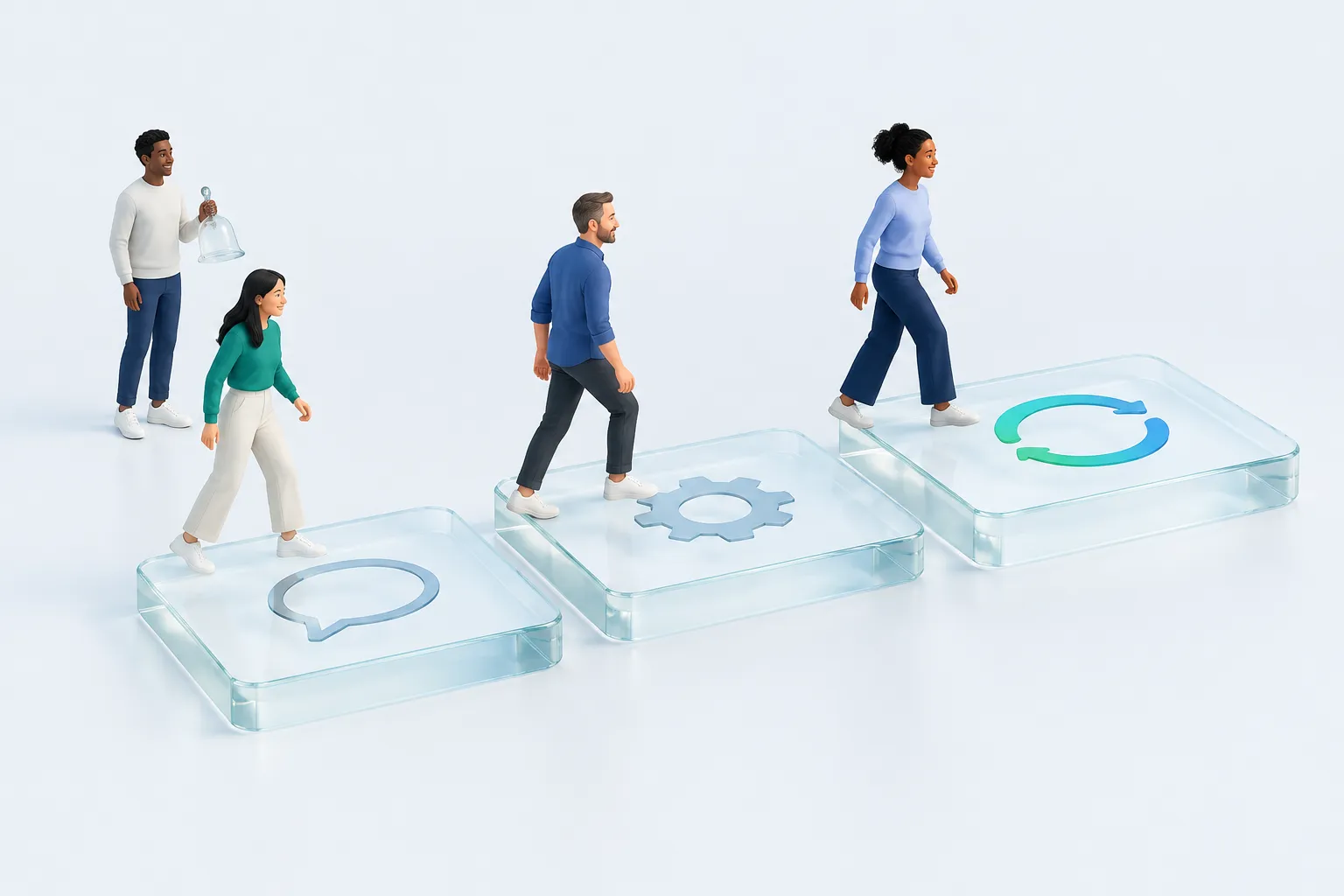 Illustration of a small team walking across platforms, representing an employee survey action plan moving from survey to action to feedback.