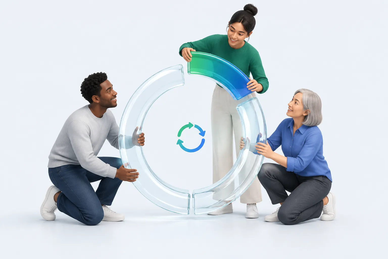 A small team closing a large glass ring together, representing closing the feedback loop before the next employee survey wave.