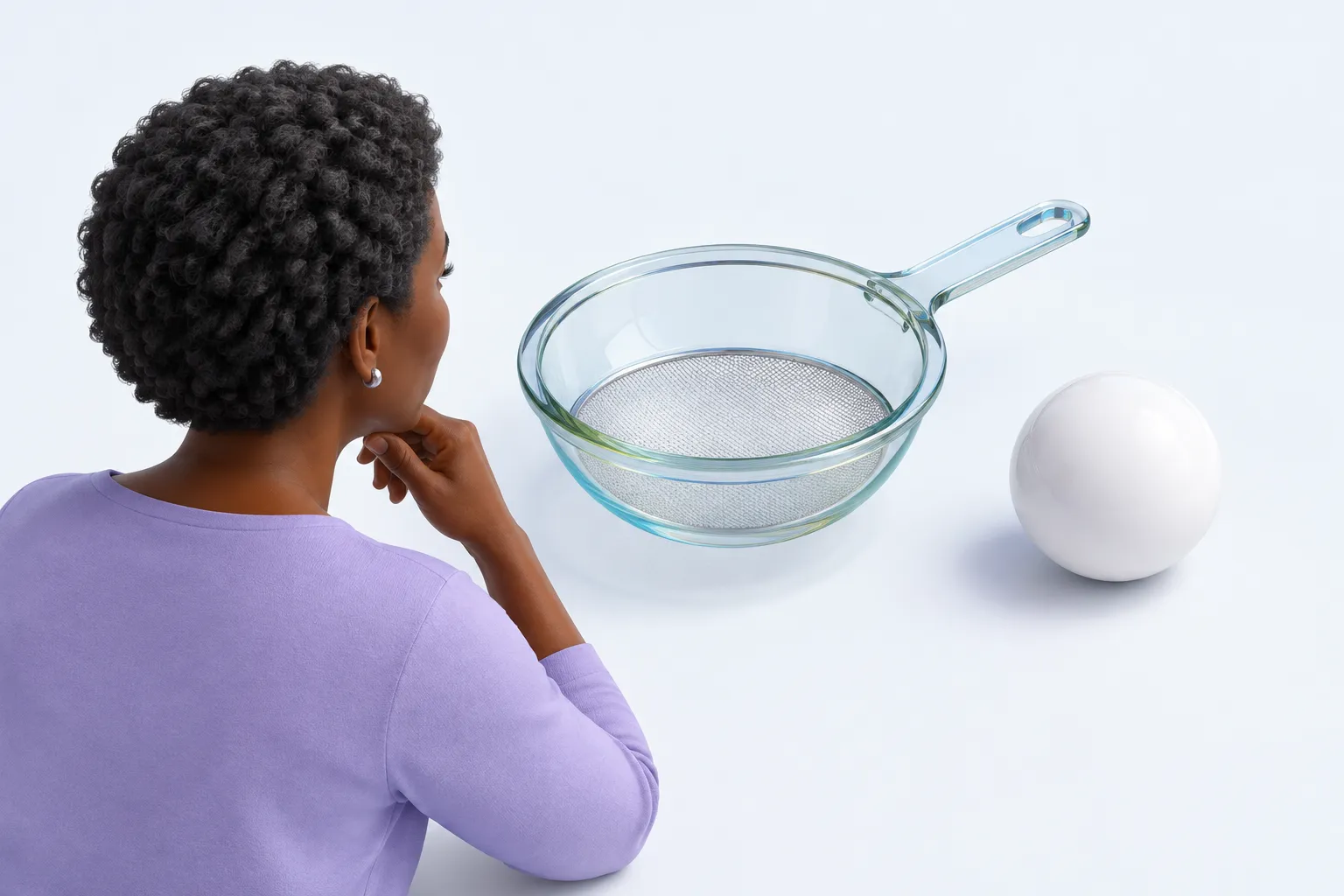 One person studies a glass sieve beside a solid sphere.