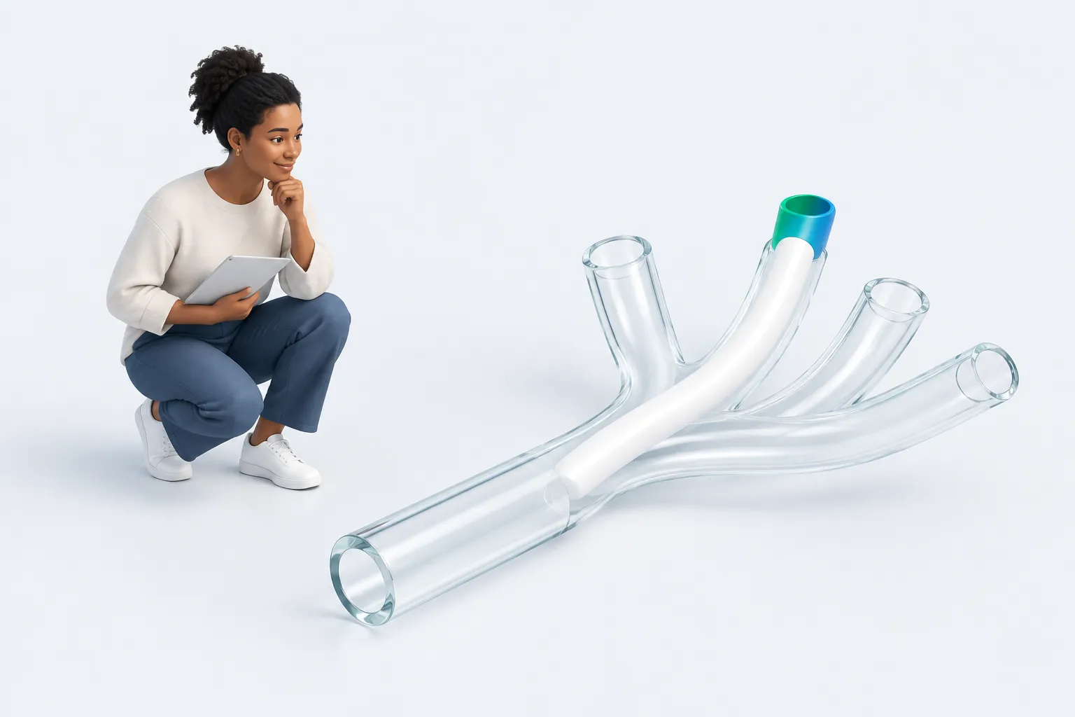 A branching glass sculpture aligns with one white channel.