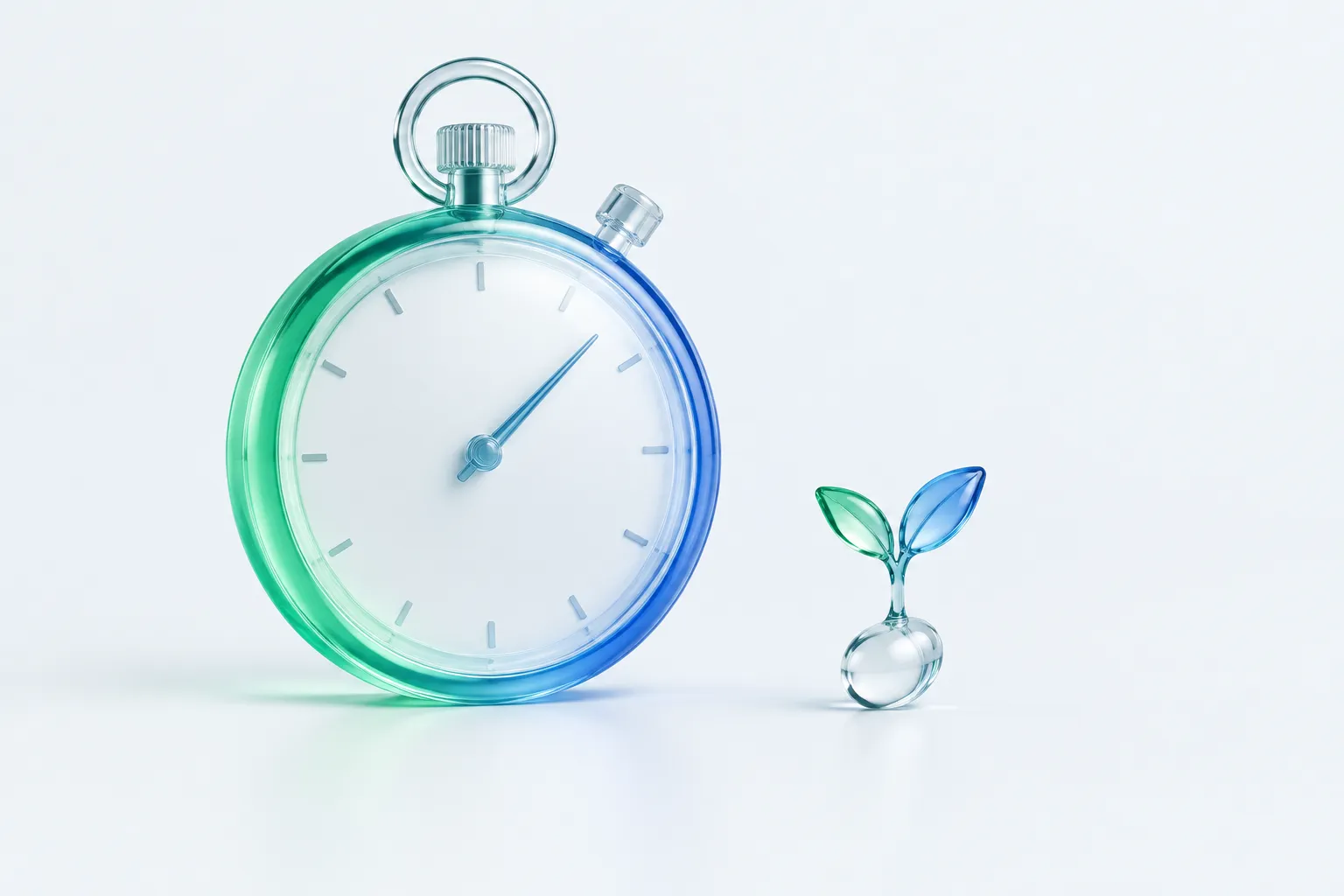 A large paused glass stopwatch beside a small glass seedling sprout on a pale surface.