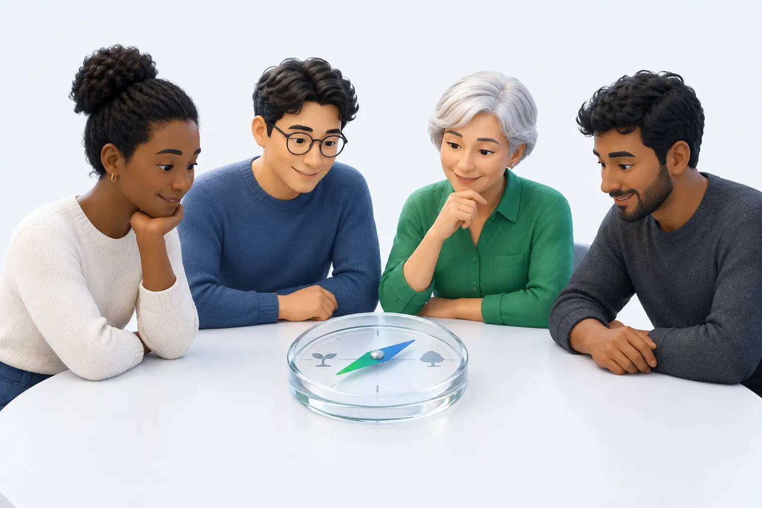 A team gathered around a glass compass whose needle points between a seedling mark and a tree mark.