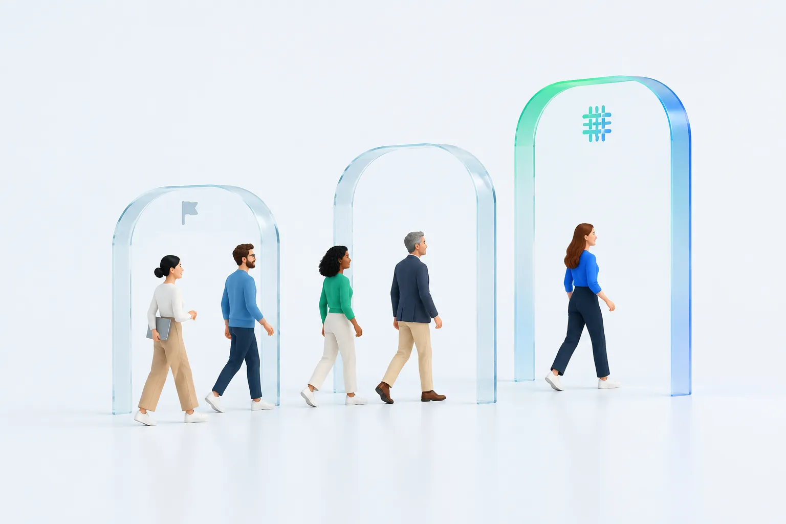 A small team walking through glass archways representing stages of an AI maturity assessment questionnaire, moving from a pilot flag mark to a woven mesh mark for embedded AI use.
