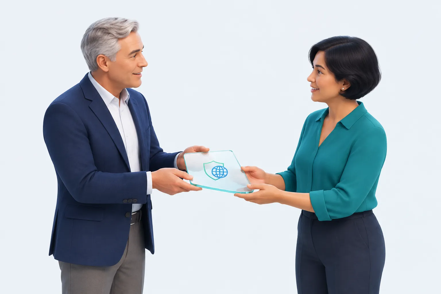 Illustration of two colleagues handing over a glass panel etched with a shield and globe, symbolizing the Microsoft 365 G7 announcement for government cloud customers.