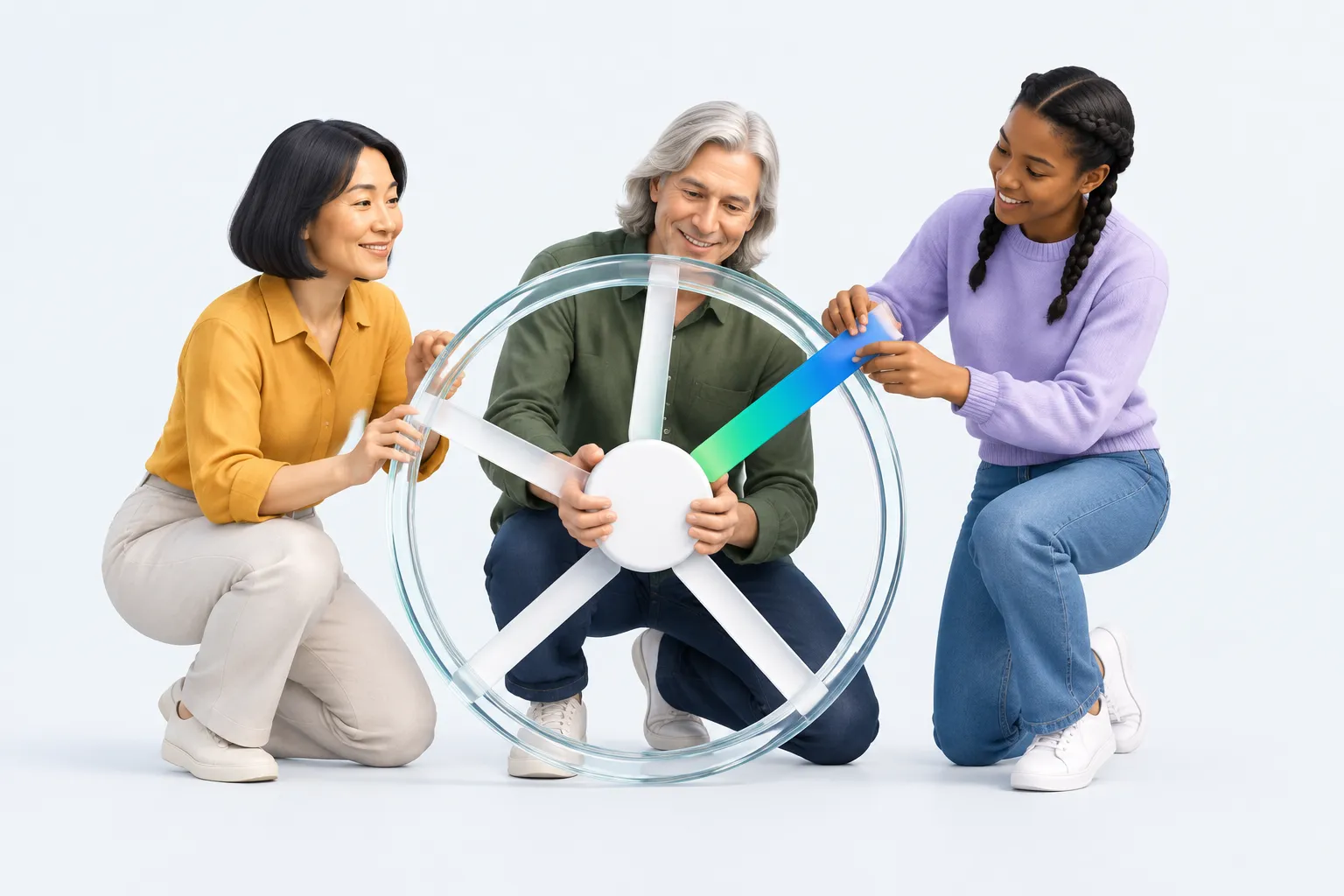 Three colleagues assemble a glass wheel, with one placing the final spoke.