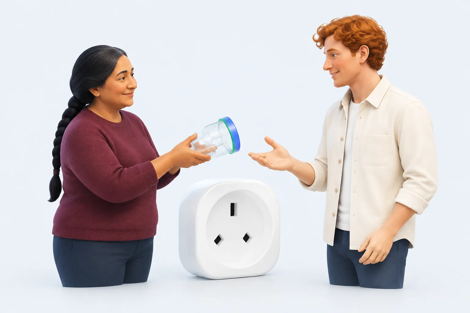 Two colleagues pass an adapter beside a socket, representing access that fits the work.