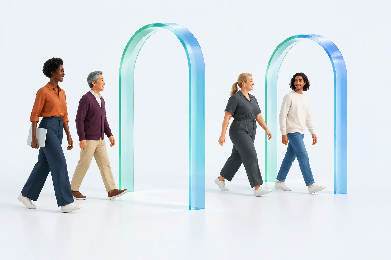 Four colleagues move through glass archways at different positions, illustrating changing survey participation.