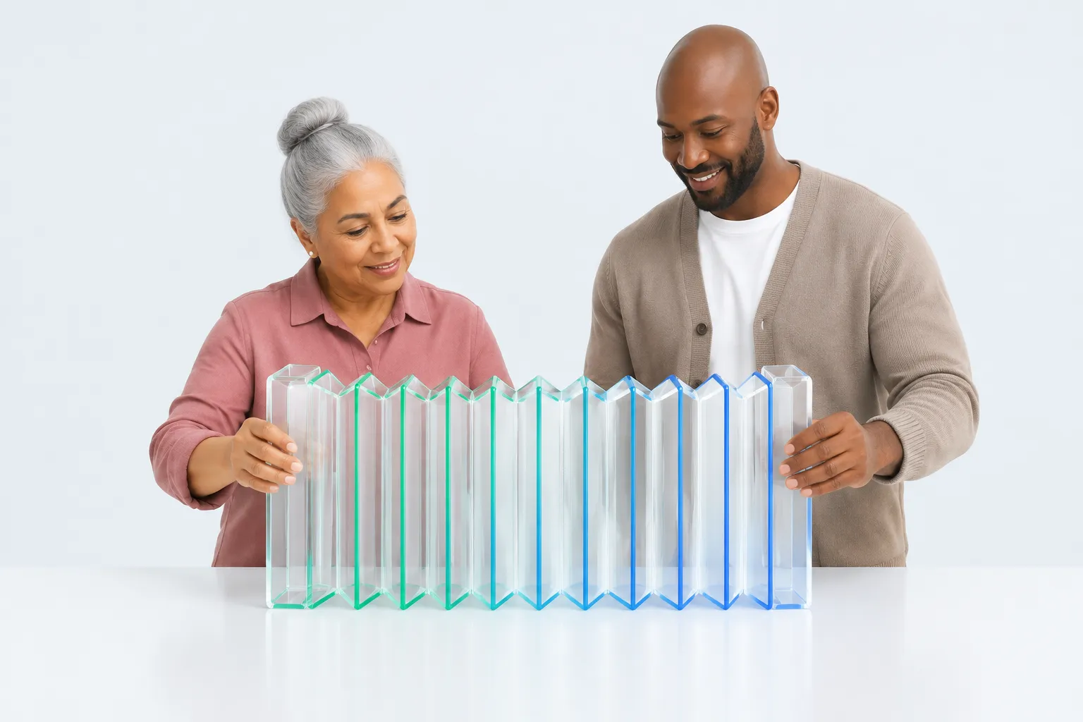 Two colleagues align the repeated folds of a glass accordion.