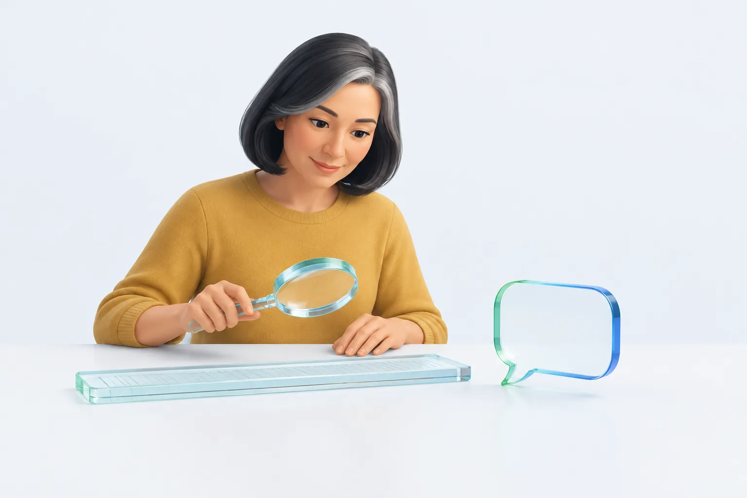 A woman with a magnifier between a glass ledger strip and a glass speech bubble