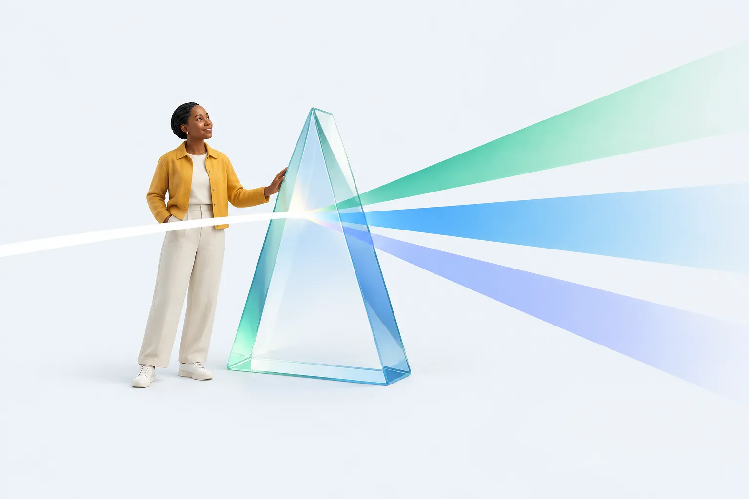 What is AI adoption? A small person beside a giant glass prism splitting one beam of light into three