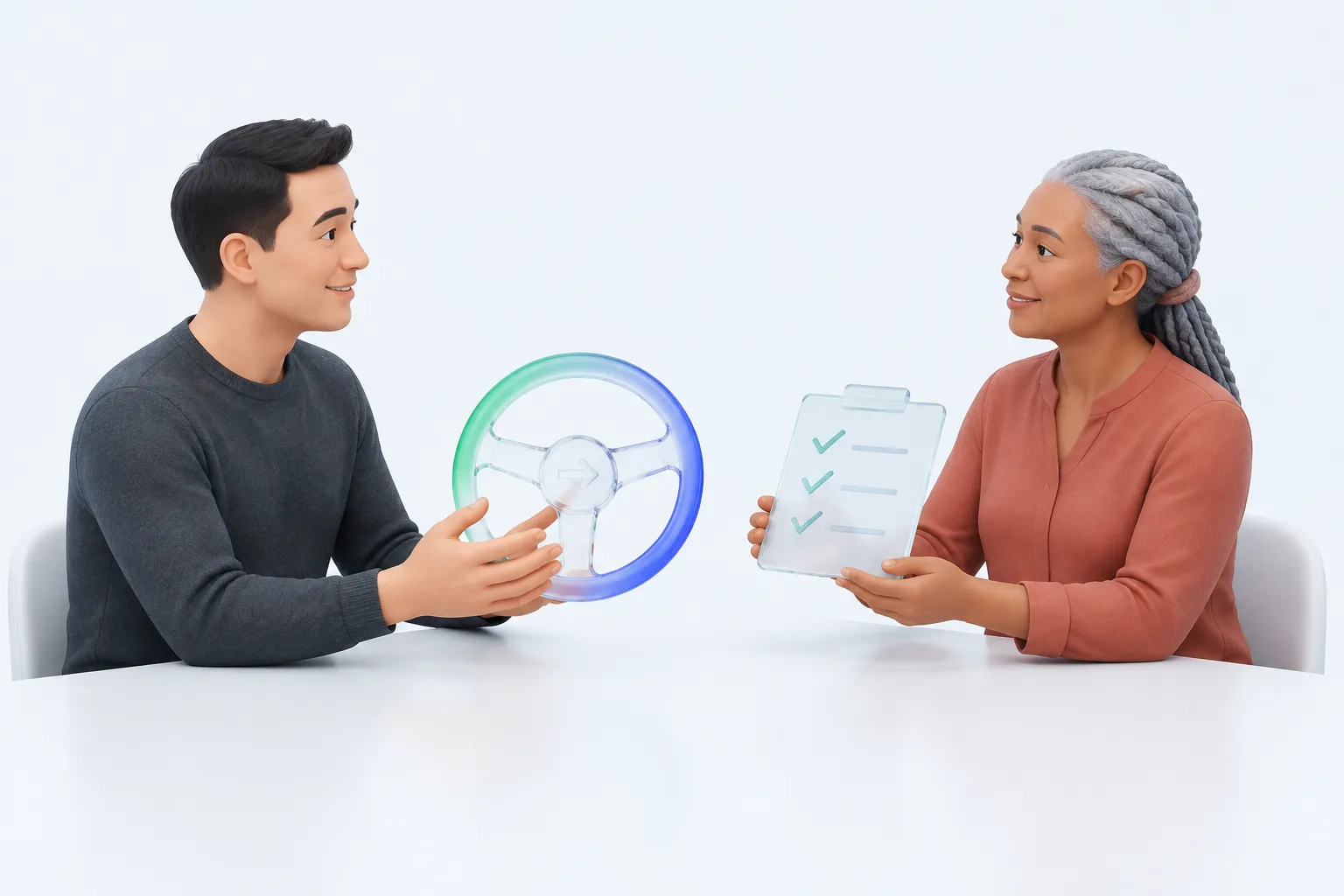 Illustration of two colleagues handing over a steering wheel and checklist, representing handoff of AI rollout ownership between delivery models.