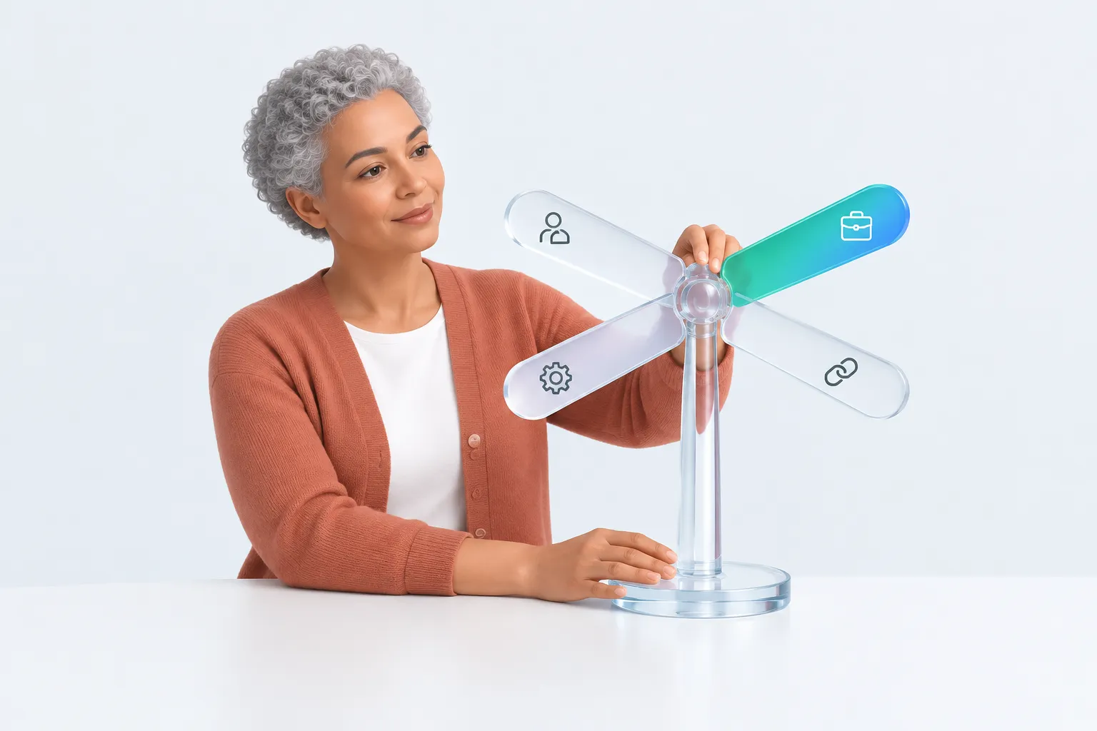 Illustration of a person adjusting a four-armed signpost representing an AI change management framework choice between in-house, consultant, software and hybrid delivery.