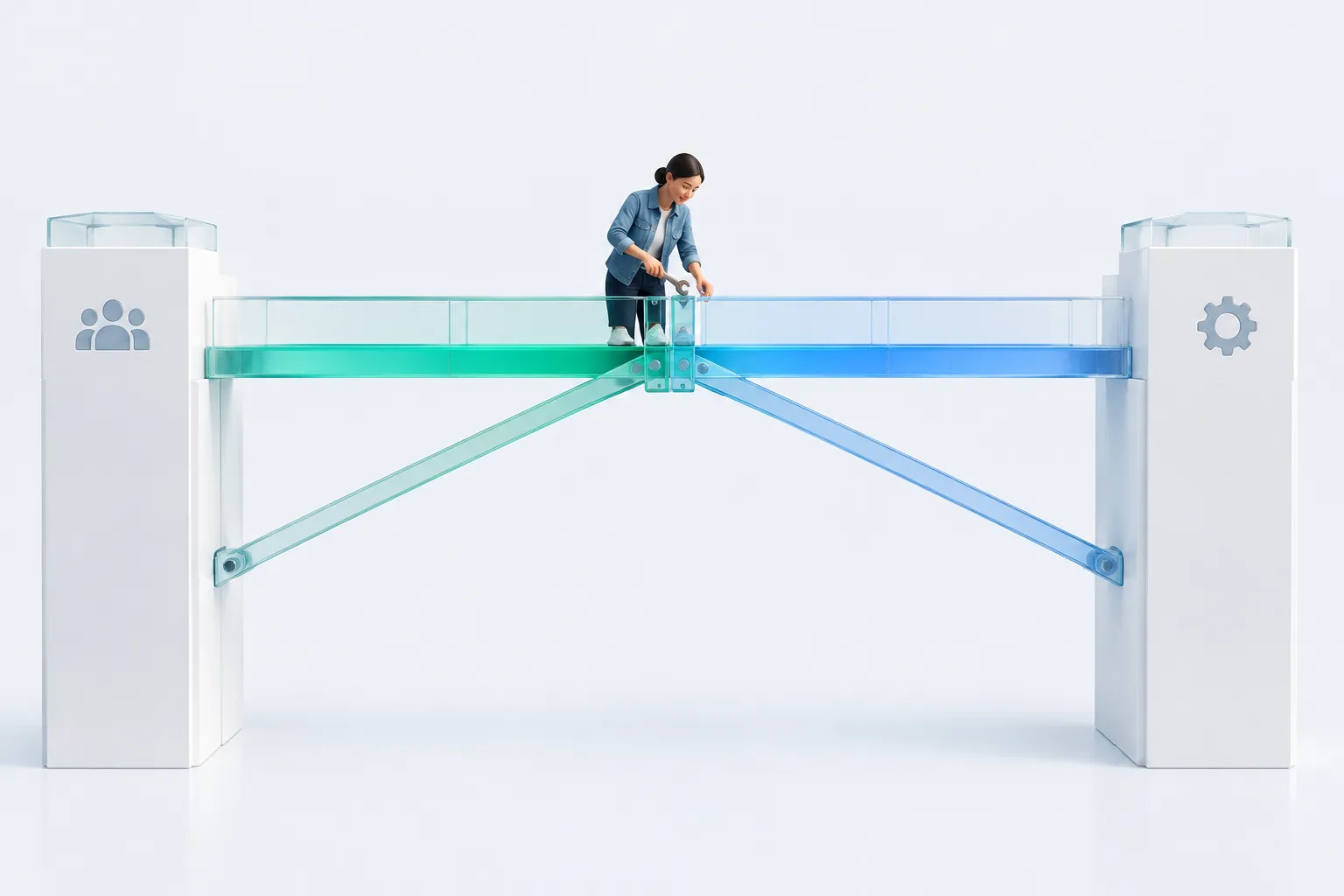 Illustration of a person at the midpoint of a bridge connecting an in-house team tower and a software or vendor gear tower.