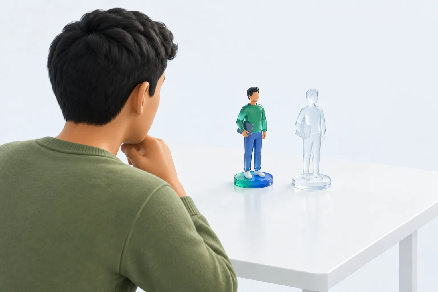 Conceptual illustration for the Pew Research AI survey study showing a person comparing a real figurine to a faint AI twin figurine on a desk.