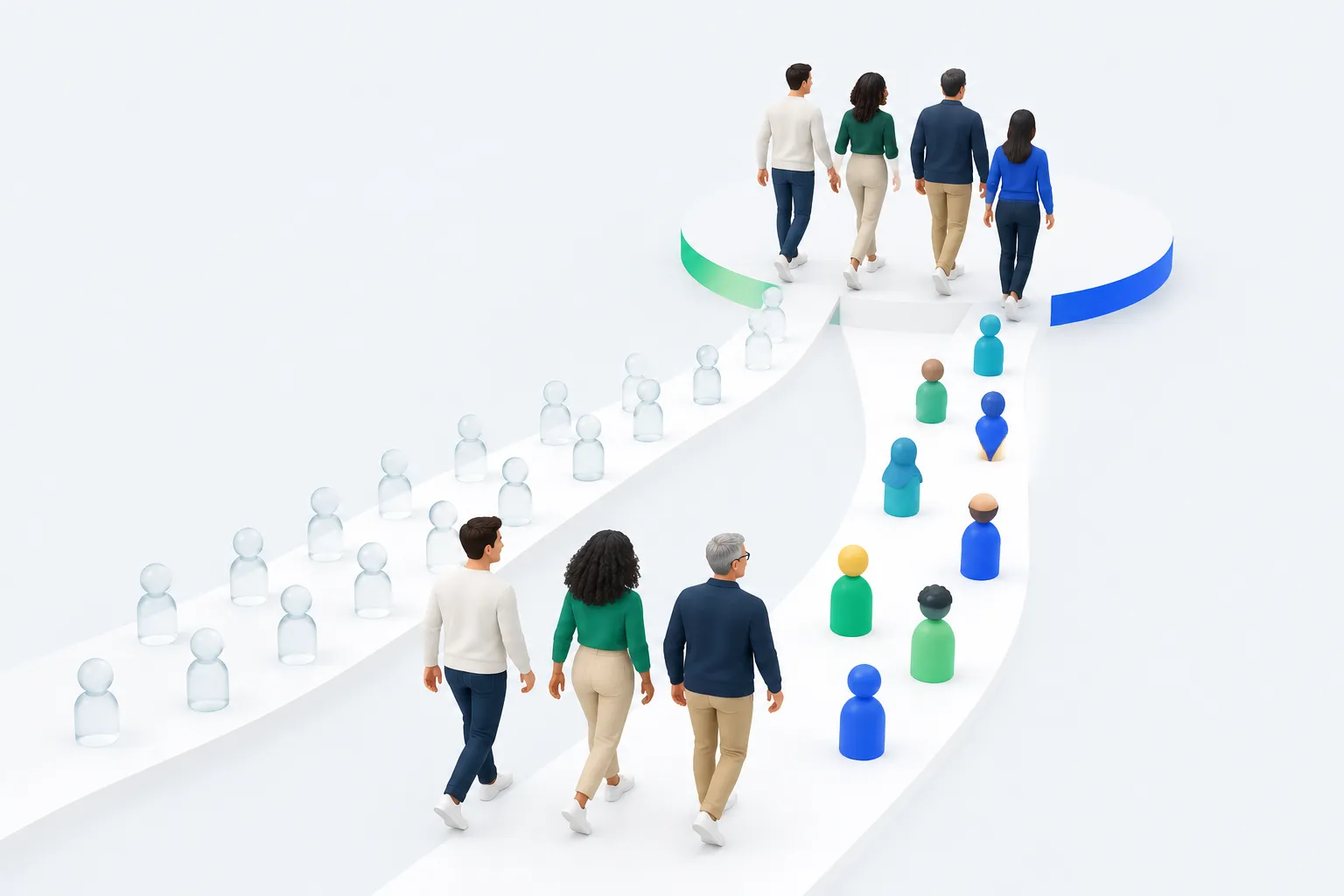 Illustration of a team walking from two diverging paths, one uniform and one varied, onto a shared platform, representing choosing real employee answers over simulated ones.