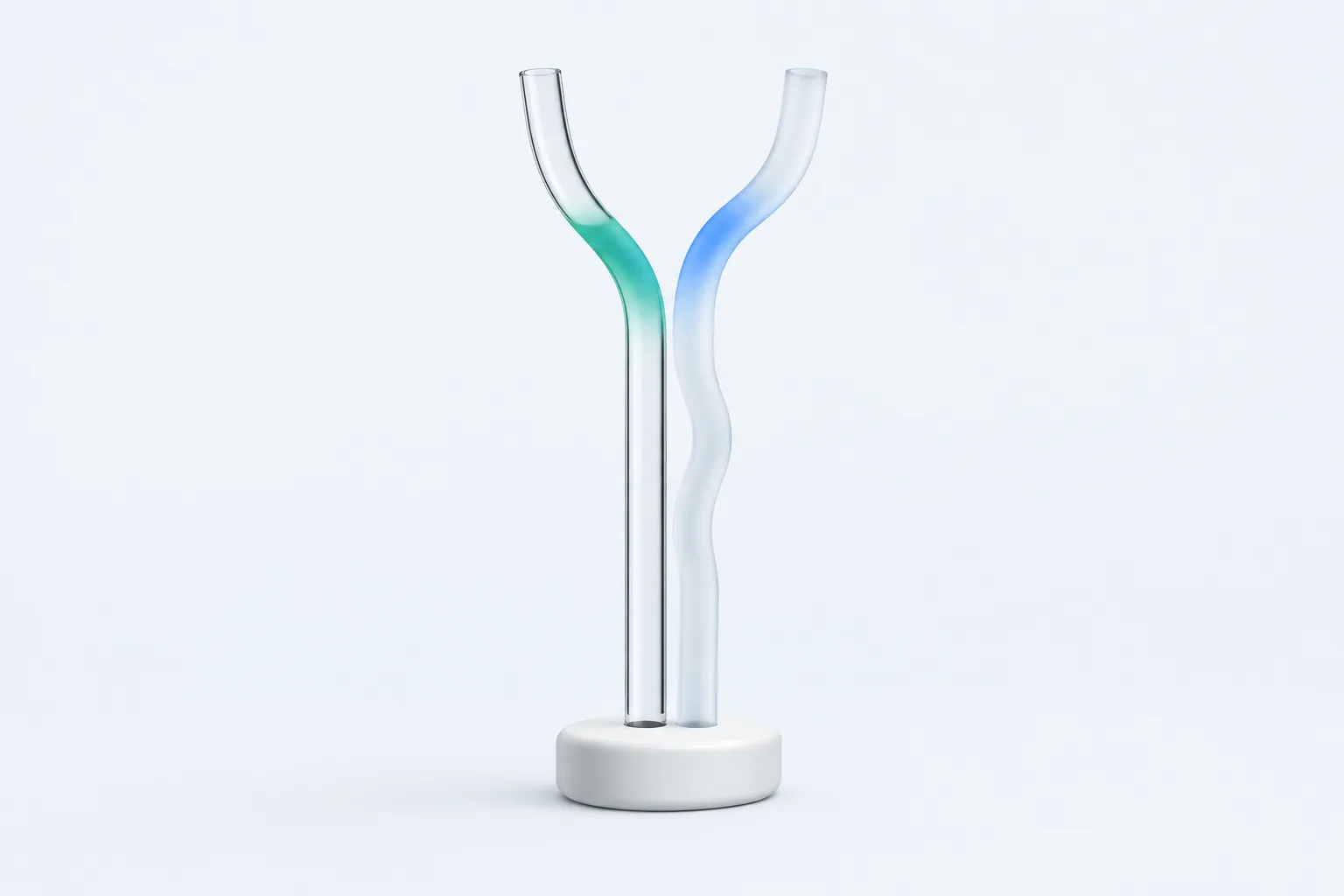 Abstract glass sculpture of two columns diverging, representing real and AI-simulated survey answers drifting apart.