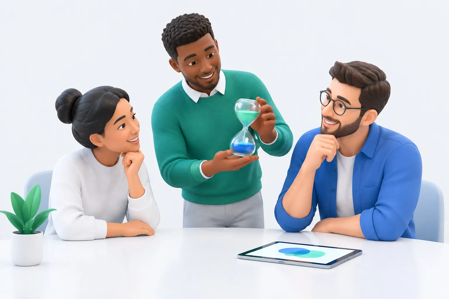 Three colleagues calmly answering when will AI replace jobs around a glass hourglass on a table