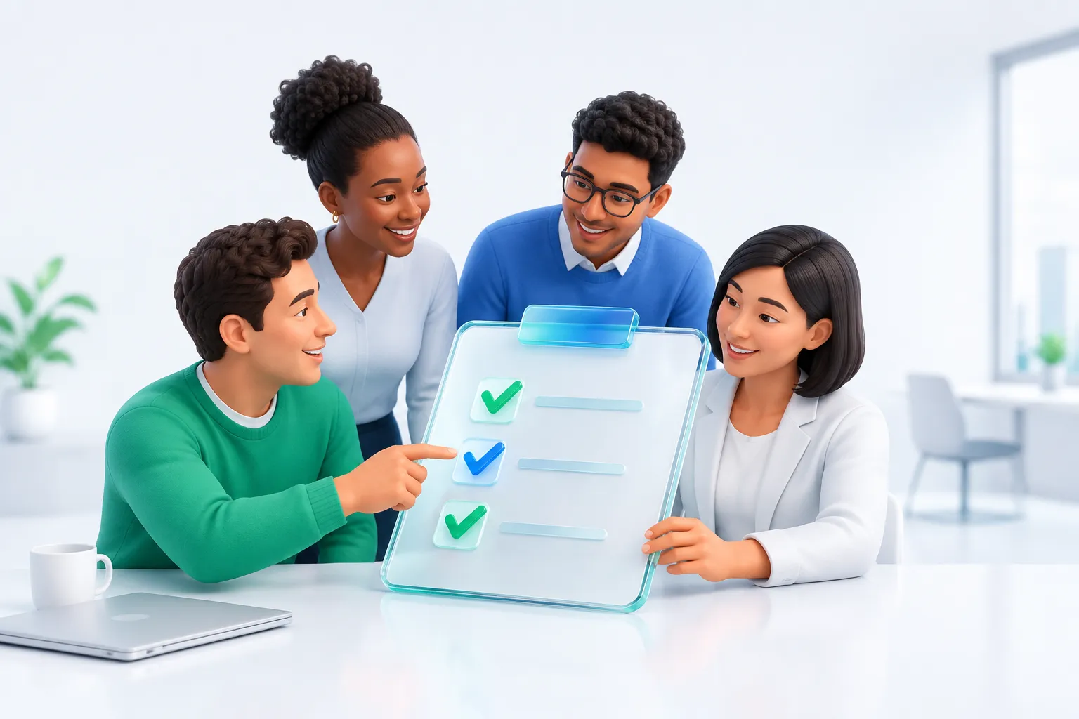 A team gathered around a glass checklist, working through suggested questions about AI adoption fear together