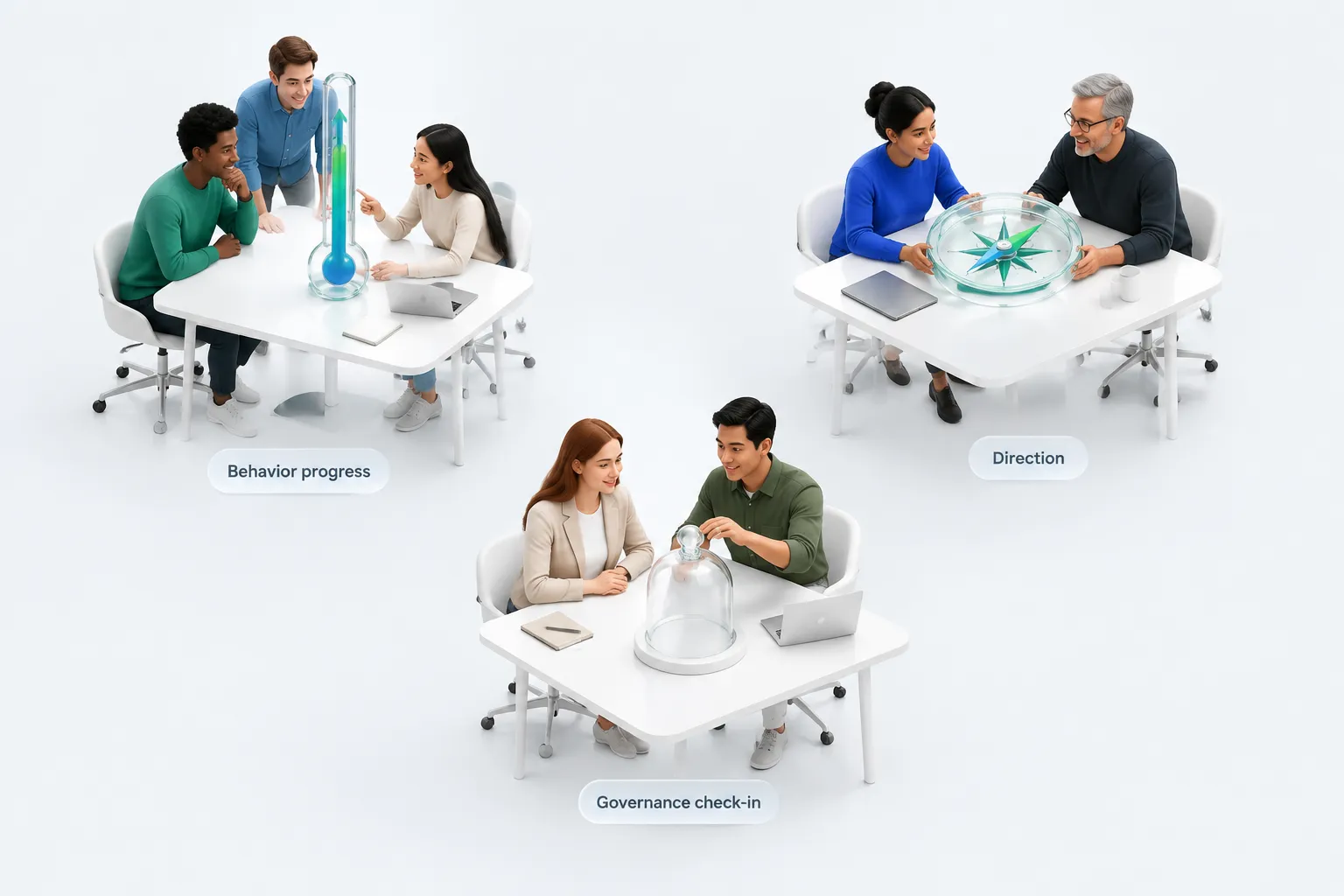 Three office clusters each studying a separate glass object representing behavior, direction and governance signals.