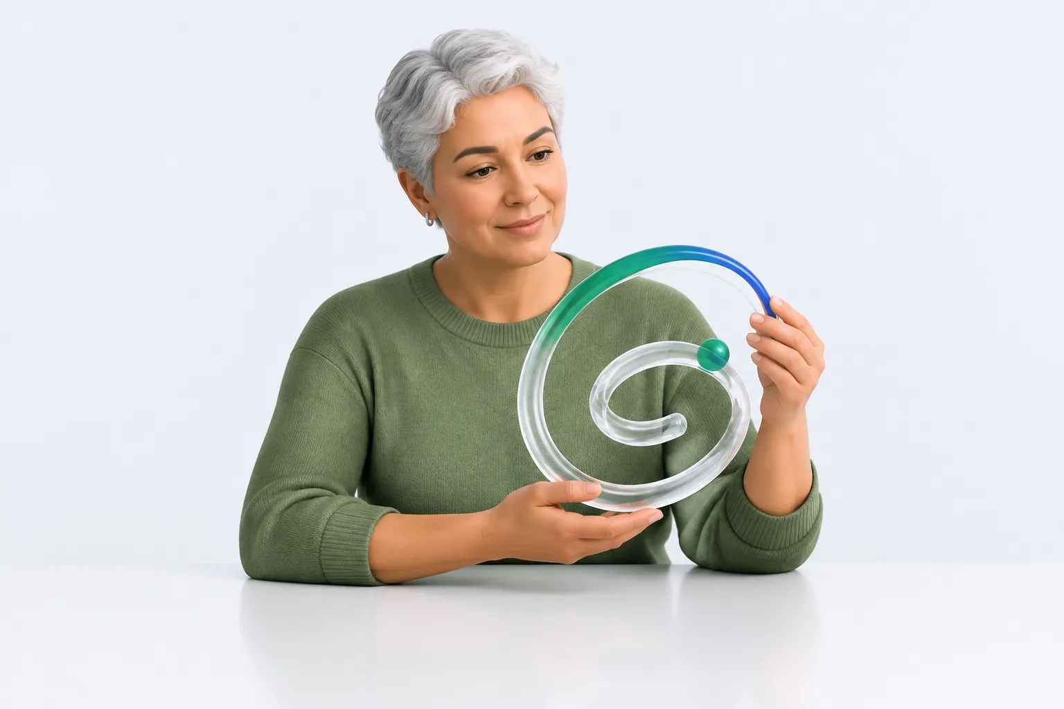 A person holding a glass spiral habit-loop sculpture with a bead partway along its track.