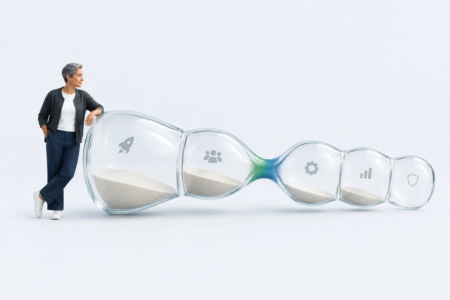 Illustration of a person beside an oversized five-chamber hourglass, representing stages of AI change management.